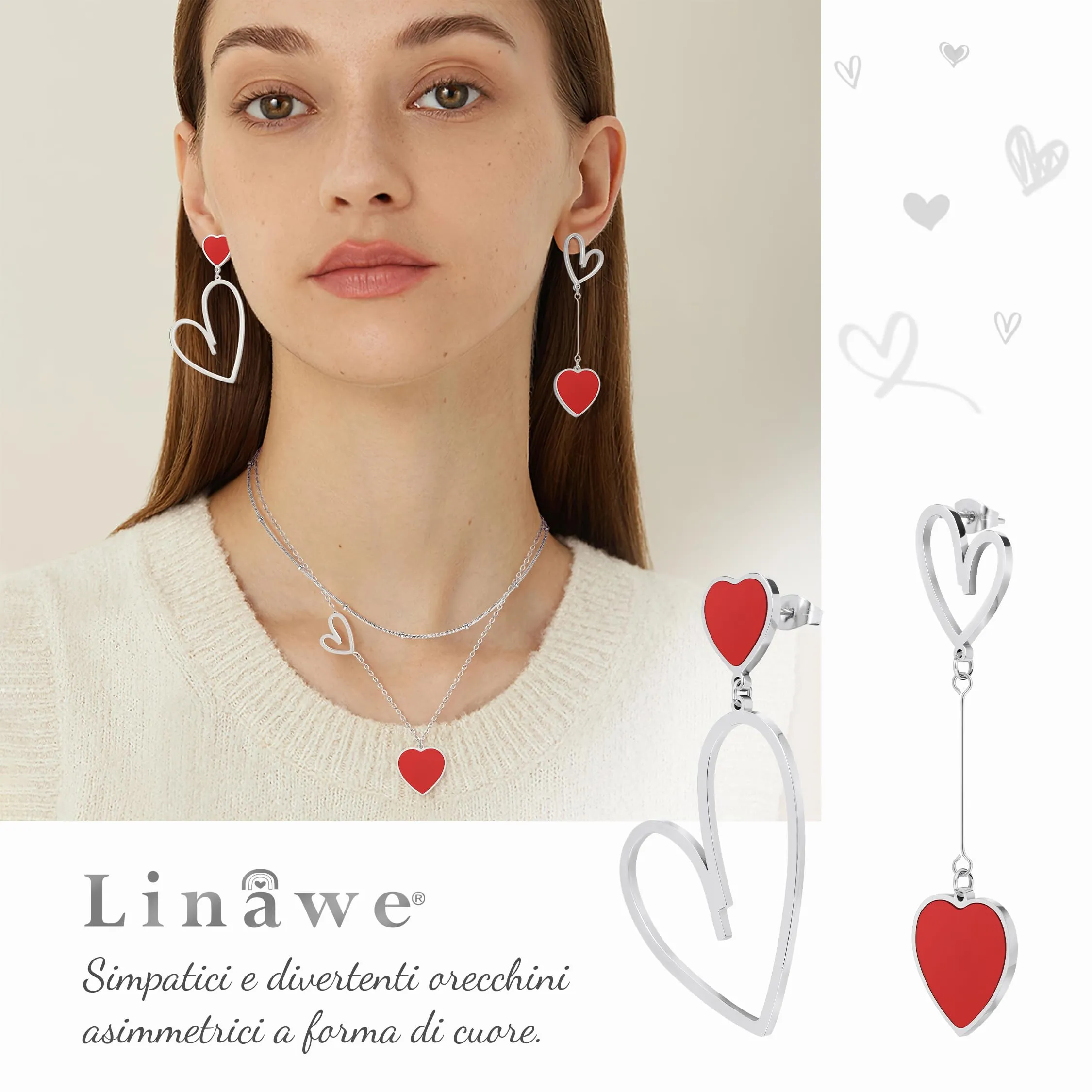 Linawe Orecchini Pendenti a Cuore Rosso in Acciaio Inossidabile e Titanio per Donna - immagine 2