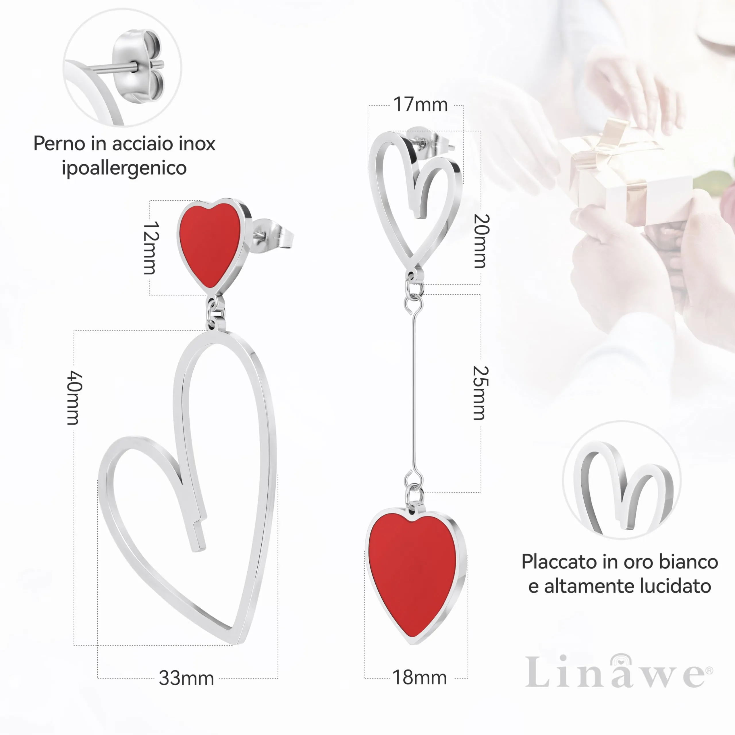 Linawe Orecchini Pendenti a Cuore Rosso in Acciaio Inossidabile e Titanio per Donna - immagine 5