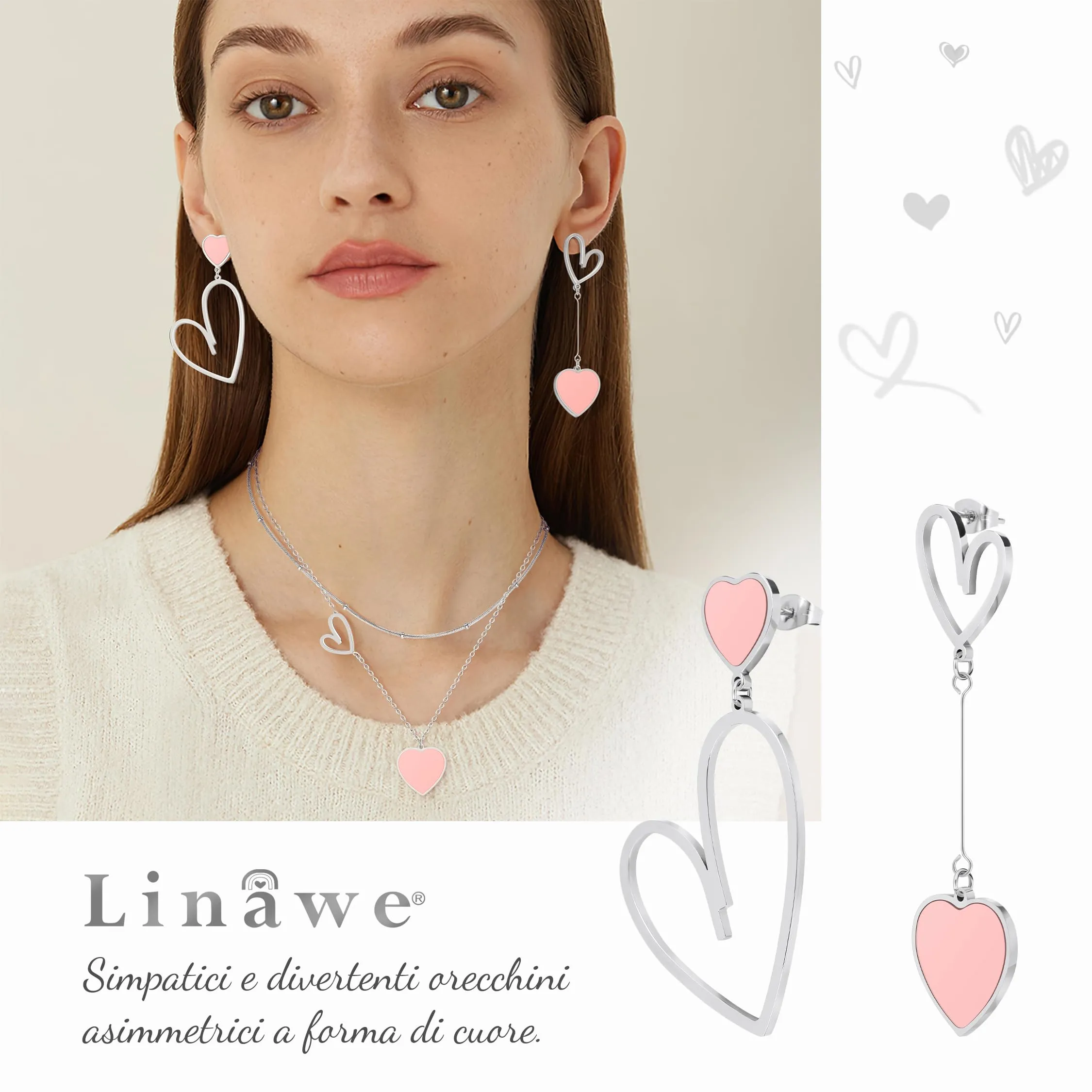 Linawe Orecchini pendenti a cuore in acciaio inossidabile, Rosa e Argento - immagine 2