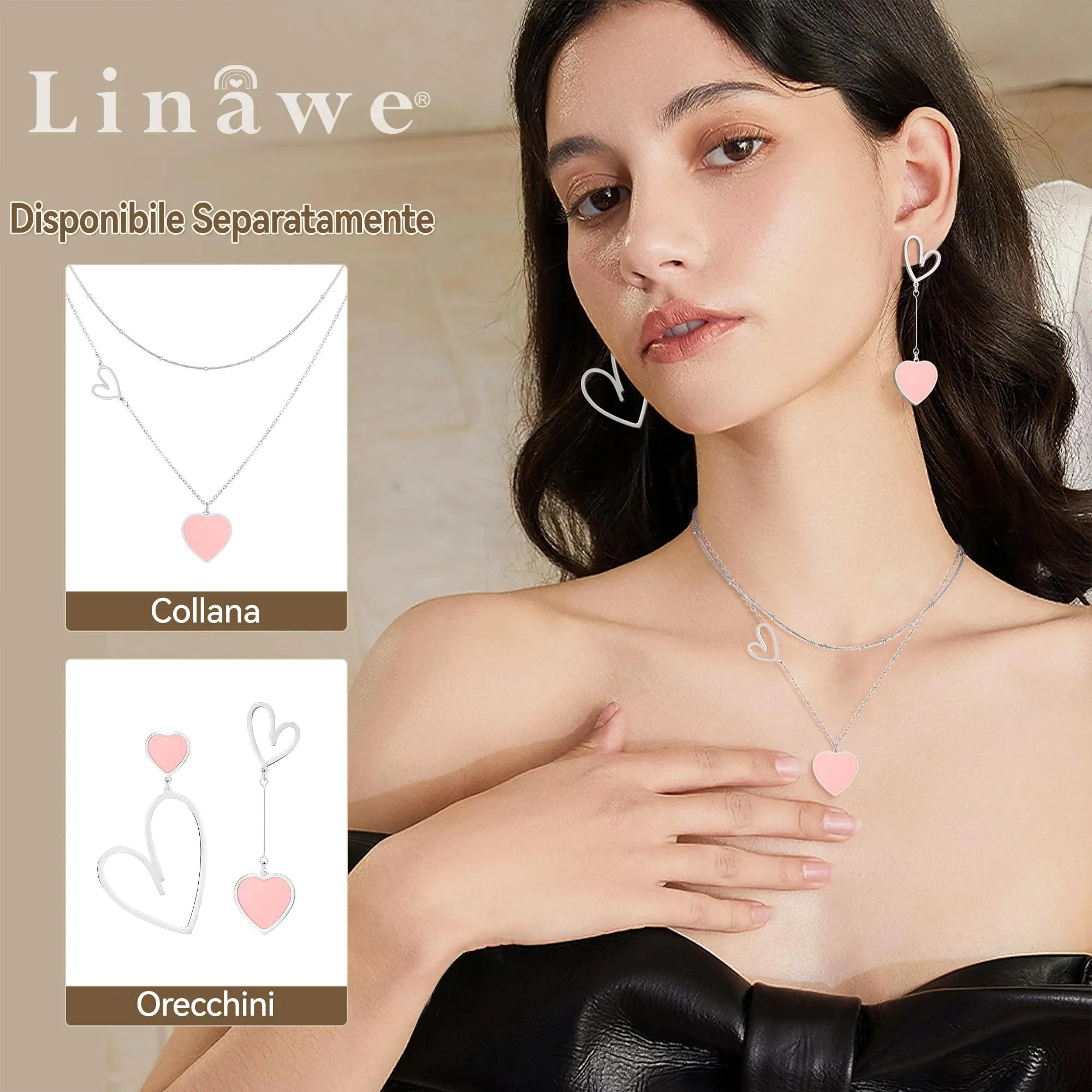 Linawe Orecchini pendenti a cuore in acciaio inossidabile, Rosa e Argento - immagine 3