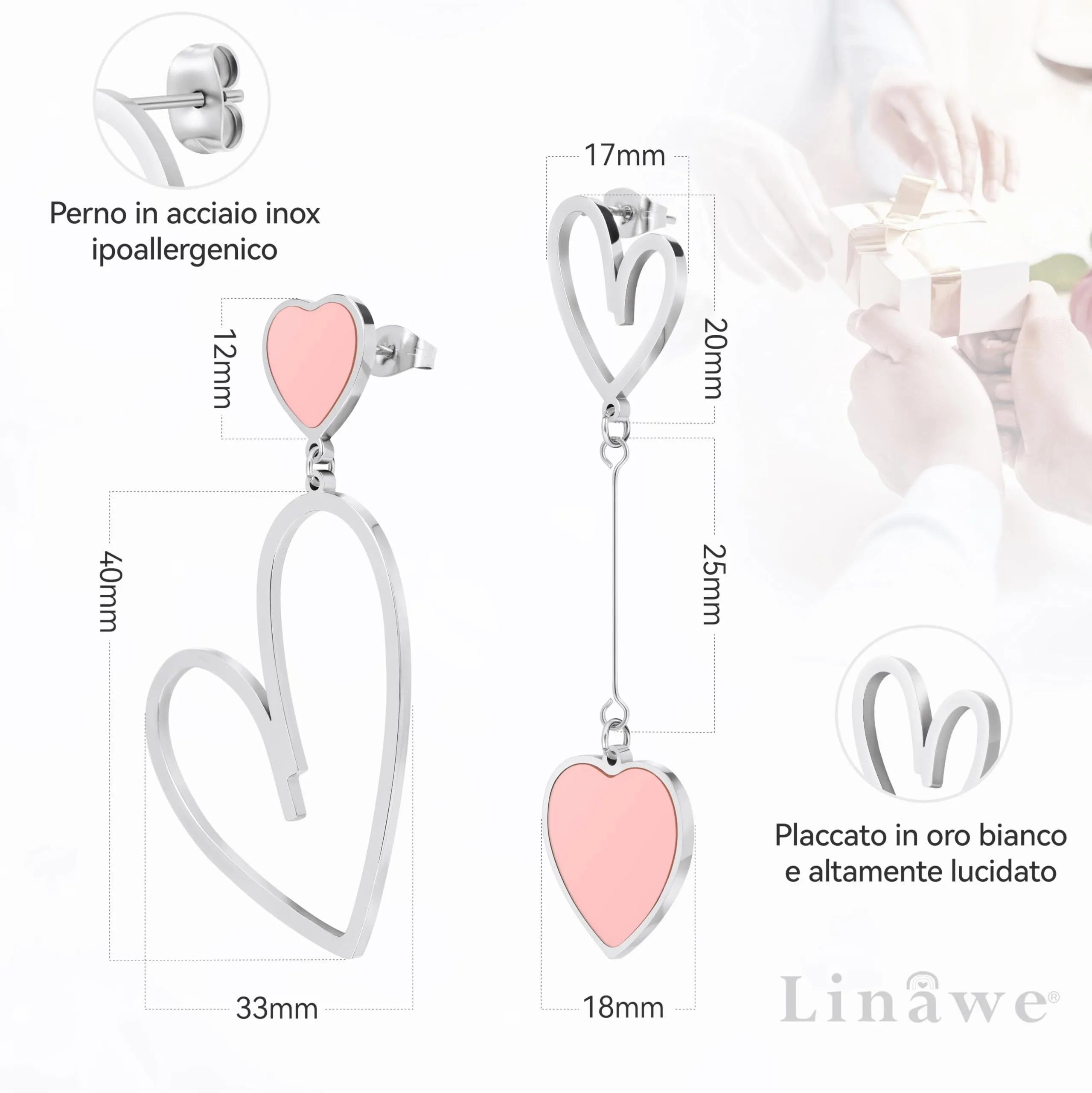 Linawe Orecchini pendenti a cuore in acciaio inossidabile, Rosa e Argento - immagine 5