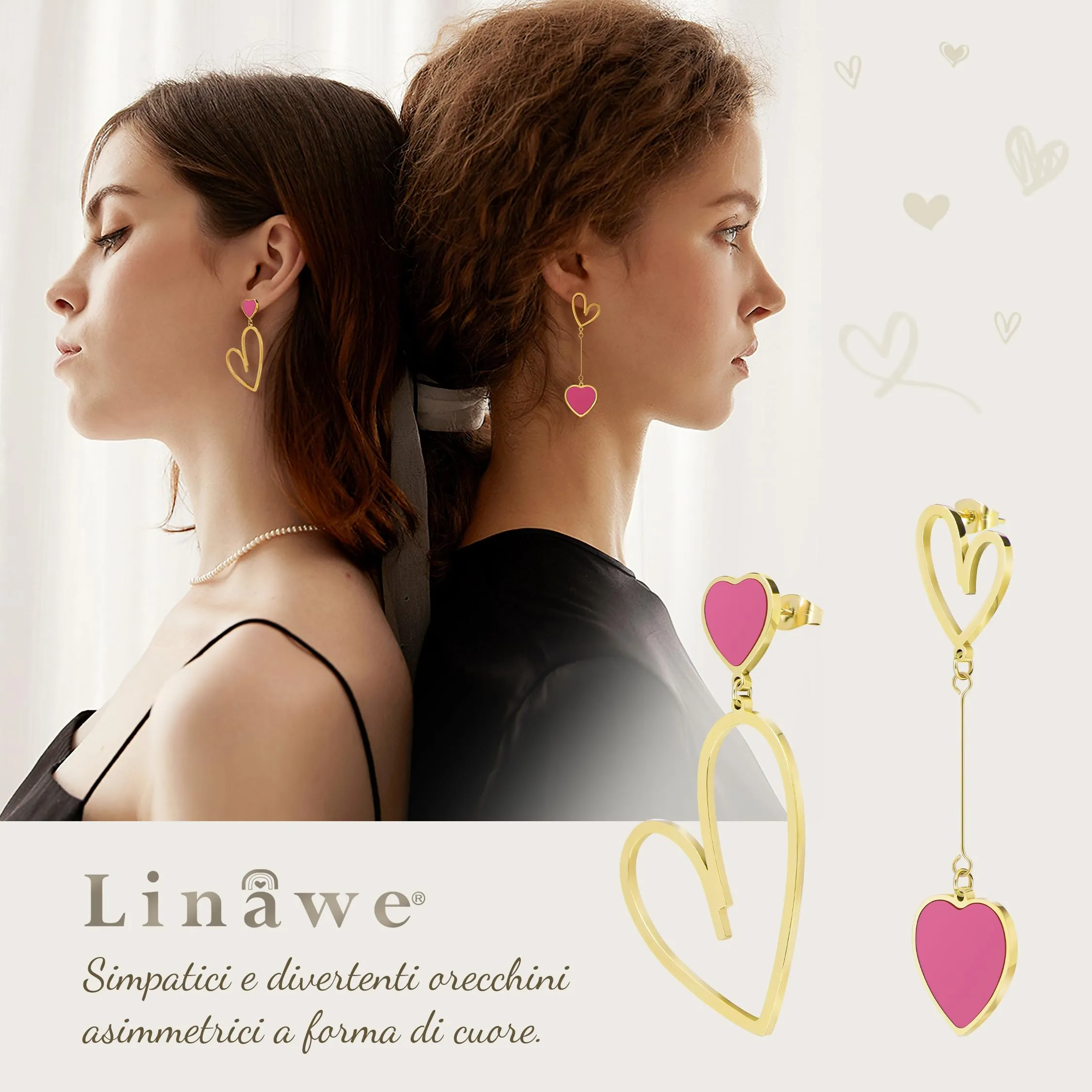 Linawe Orecchini pendenti a cuore rosa in acciaio inossidabile placcati oro 14k - immagine 2