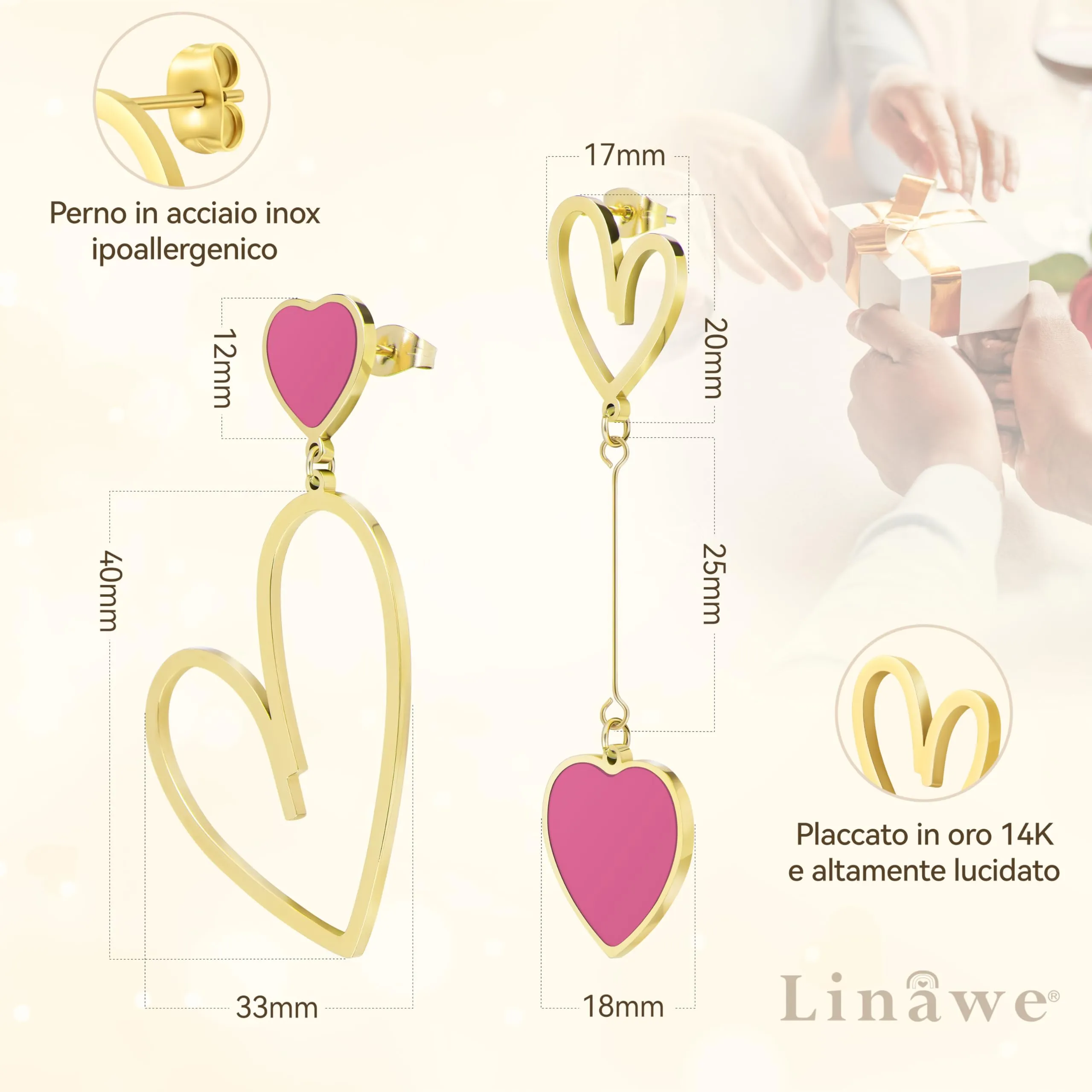 Linawe Orecchini pendenti a cuore rosa in acciaio inossidabile placcati oro 14k - immagine 5
