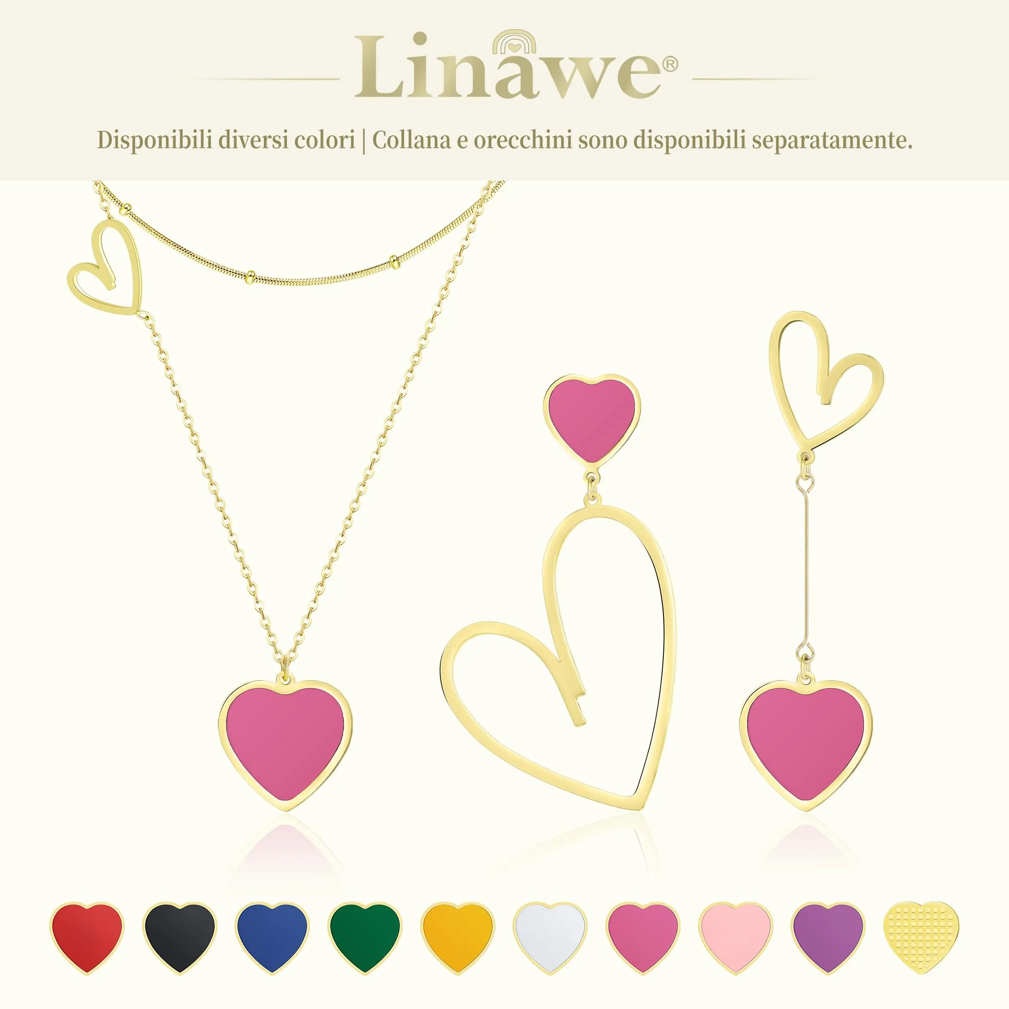 Linawe Orecchini pendenti a cuore rosa in acciaio inossidabile placcati oro 14k - immagine 6