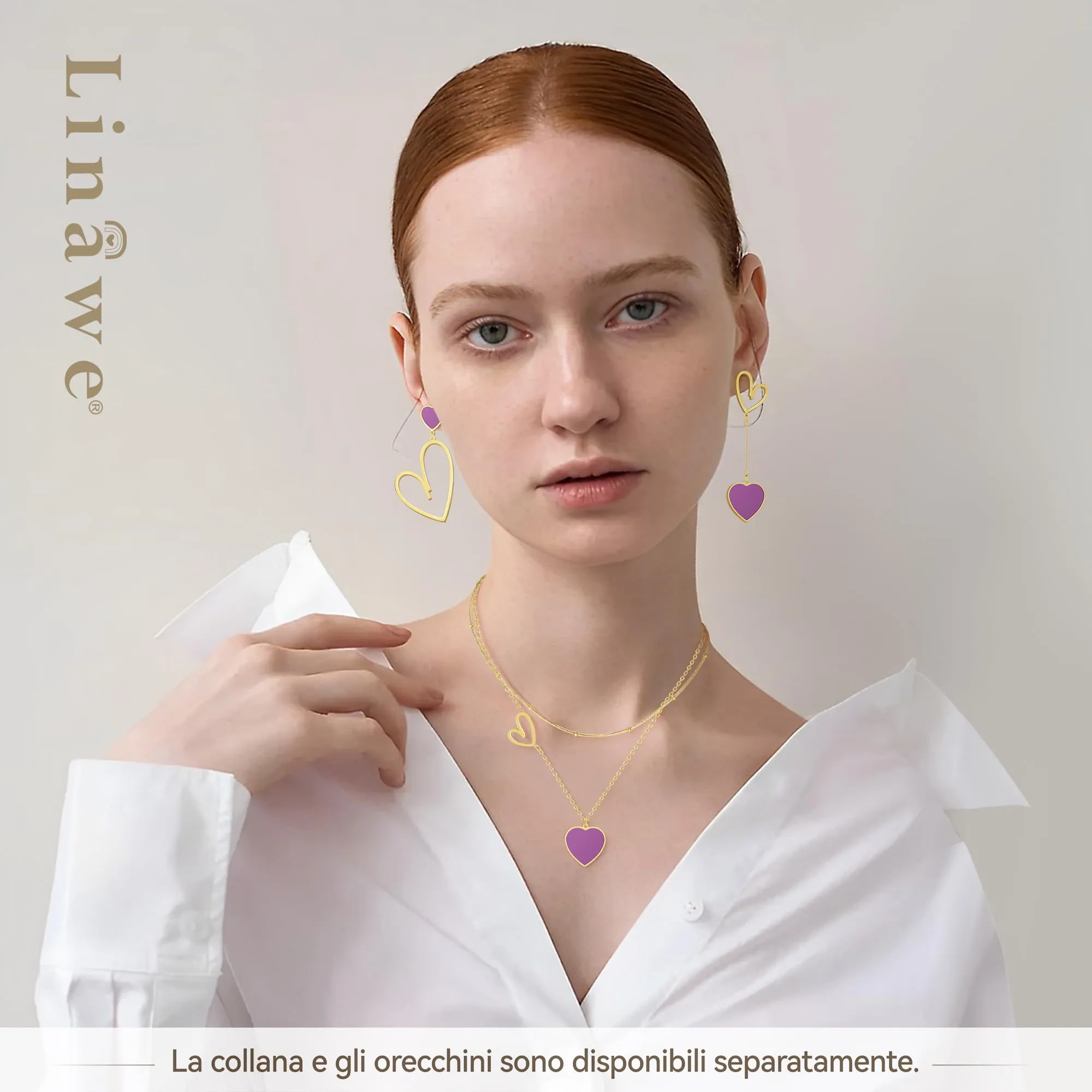 Linawe Orecchini Pendenti a Cuore Viola in Acciaio Inossidabile Placcato Oro 14k - immagine 4