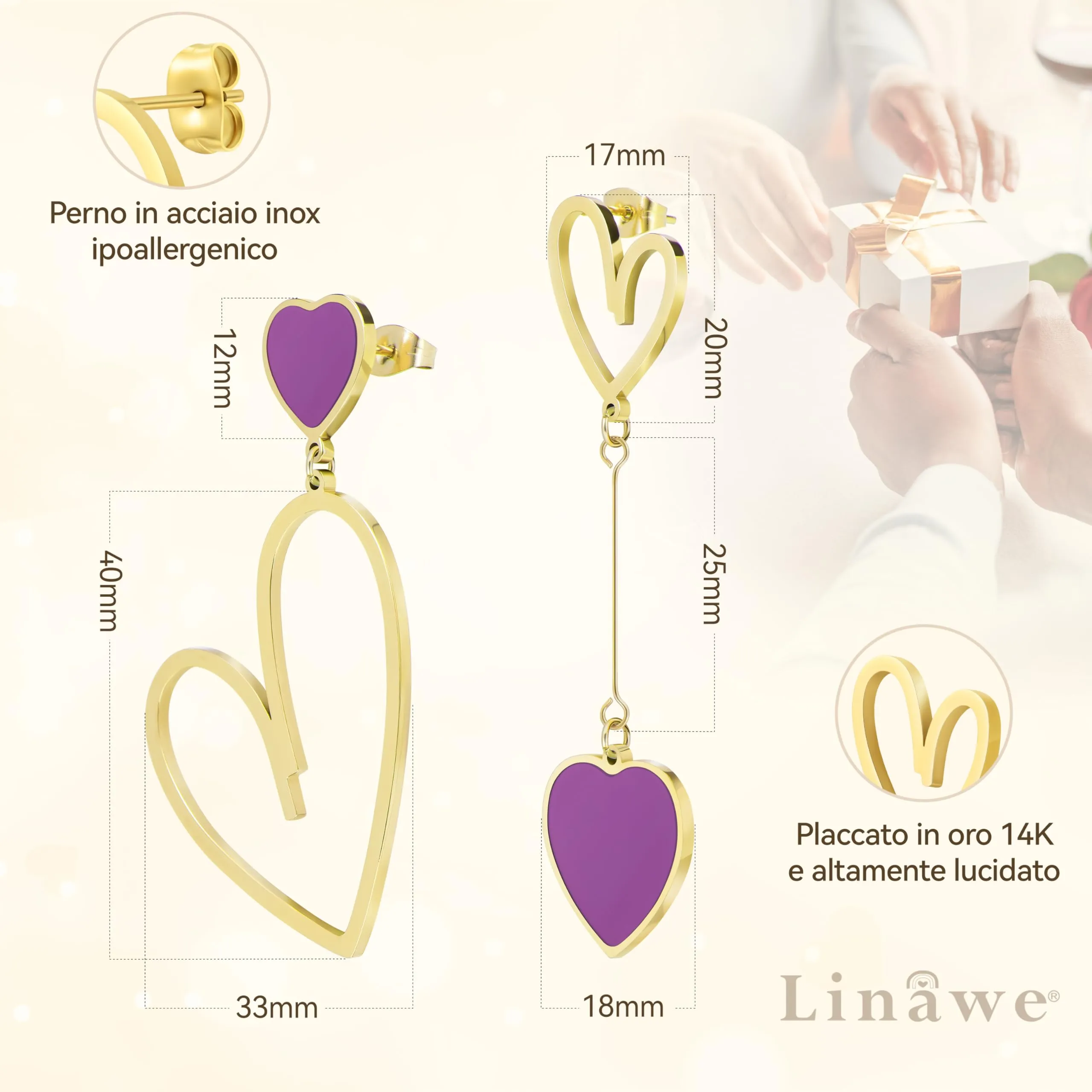 Linawe Orecchini Pendenti a Cuore Viola in Acciaio Inossidabile Placcato Oro 14k - immagine 5