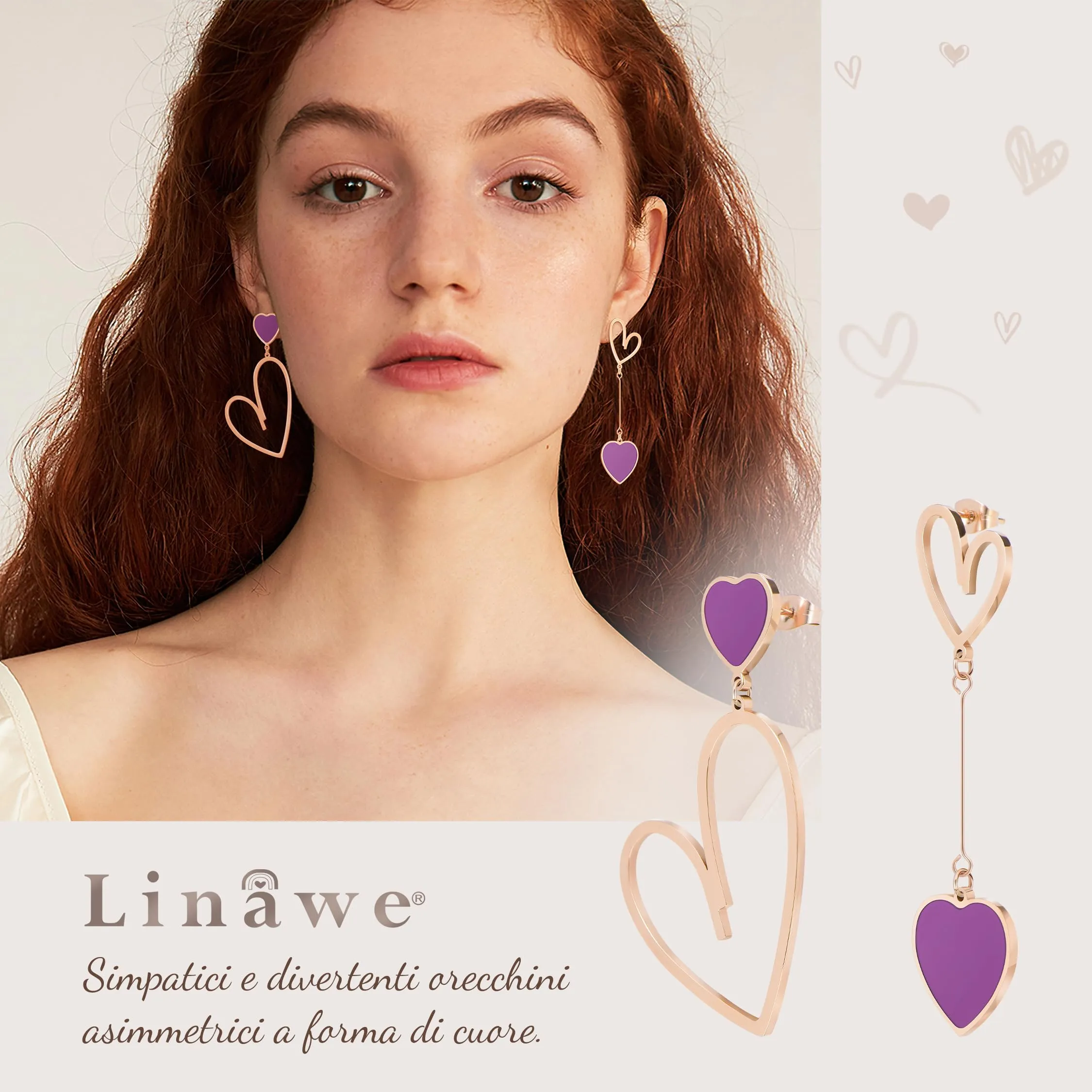 Linawe Orecchini Pendenti a Cuore in Oro Rosa e Acciaio Inossidabile, Viola - immagine 2
