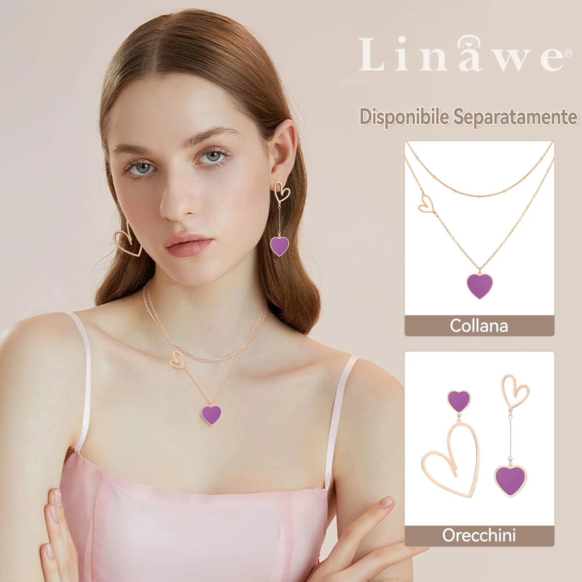 Linawe Orecchini Pendenti a Cuore in Oro Rosa e Acciaio Inossidabile, Viola - immagine 3