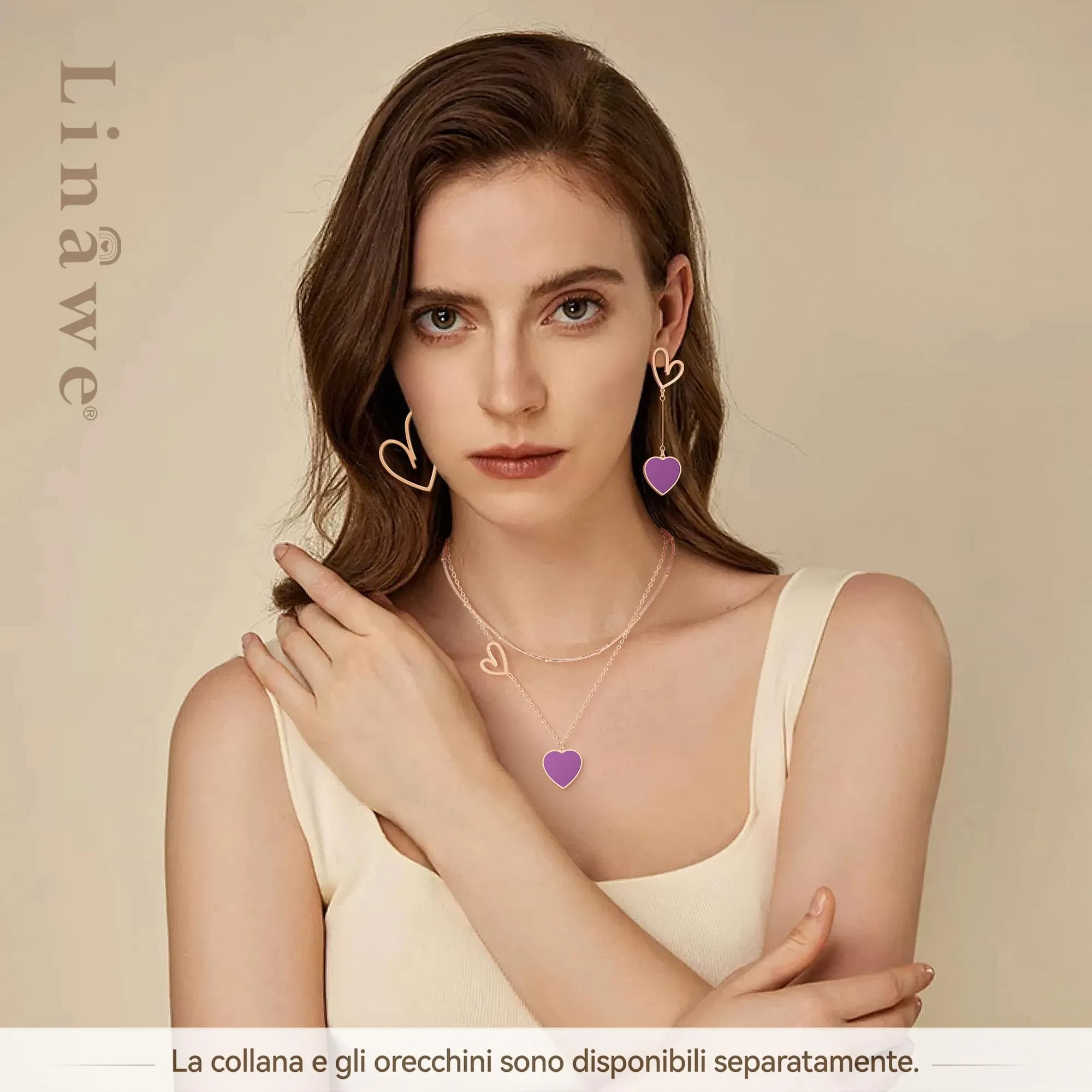 Linawe Orecchini Pendenti a Cuore in Oro Rosa e Acciaio Inossidabile, Viola - immagine 4