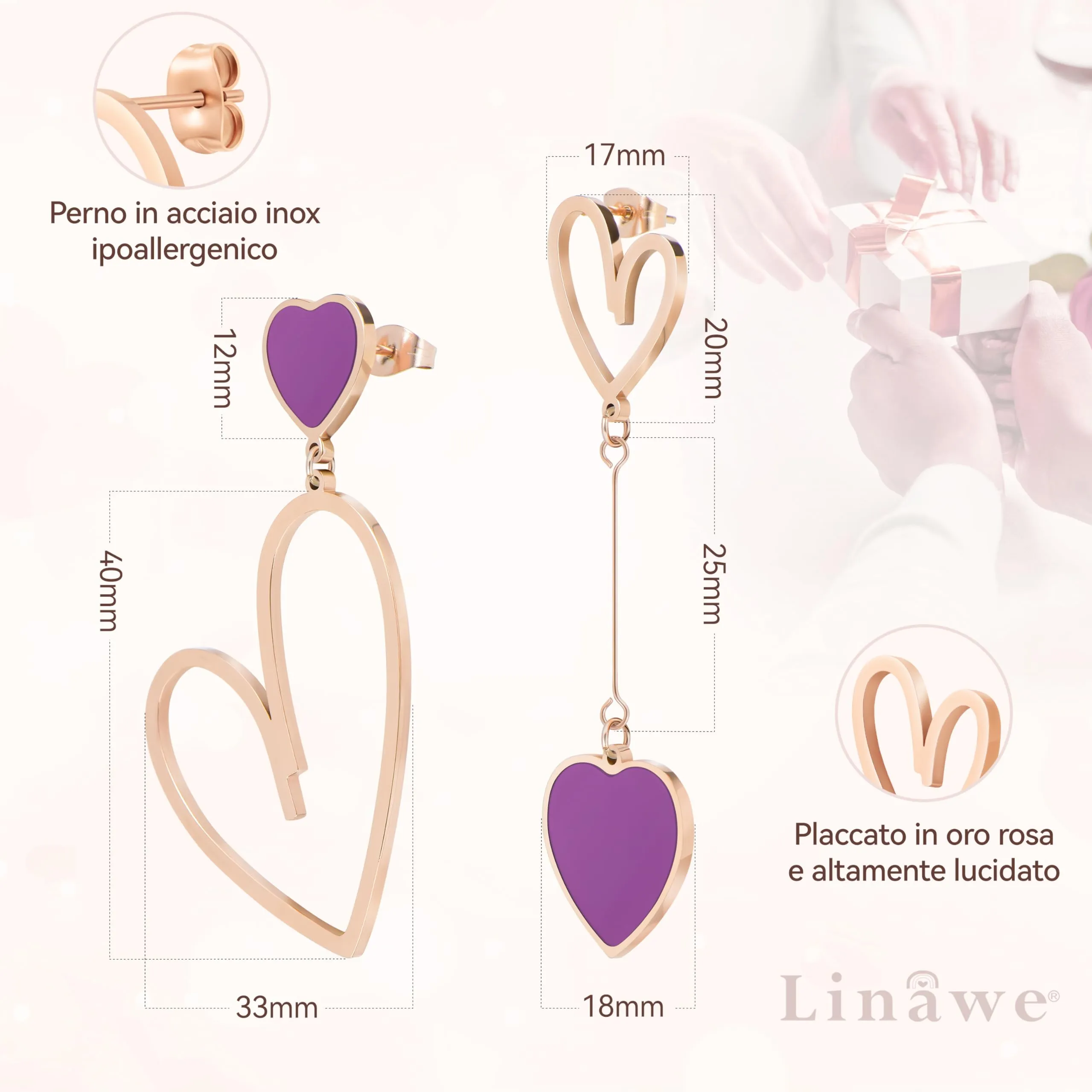 Linawe Orecchini Pendenti a Cuore in Oro Rosa e Acciaio Inossidabile, Viola - immagine 5