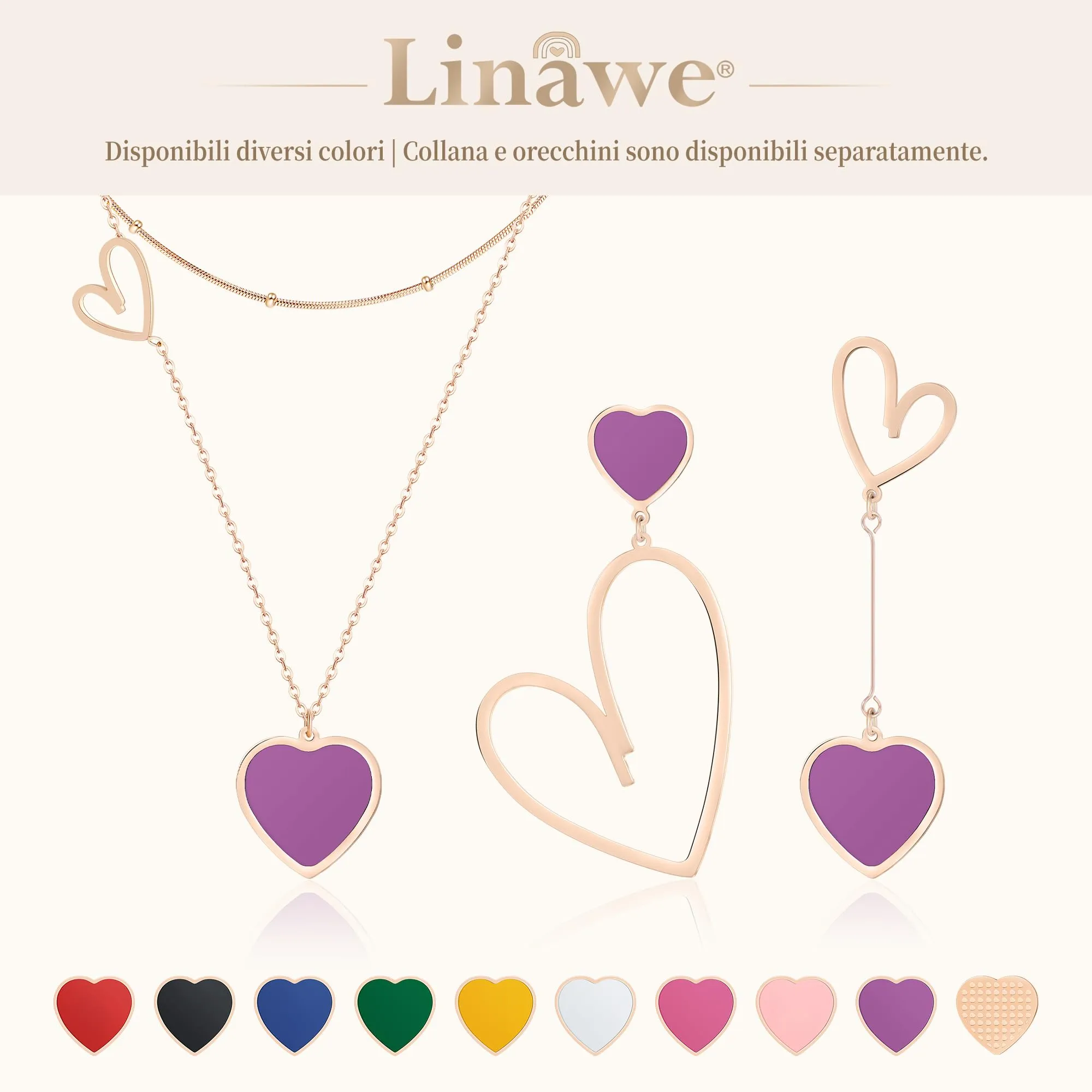 Linawe Orecchini Pendenti a Cuore in Oro Rosa e Acciaio Inossidabile, Viola - immagine 6