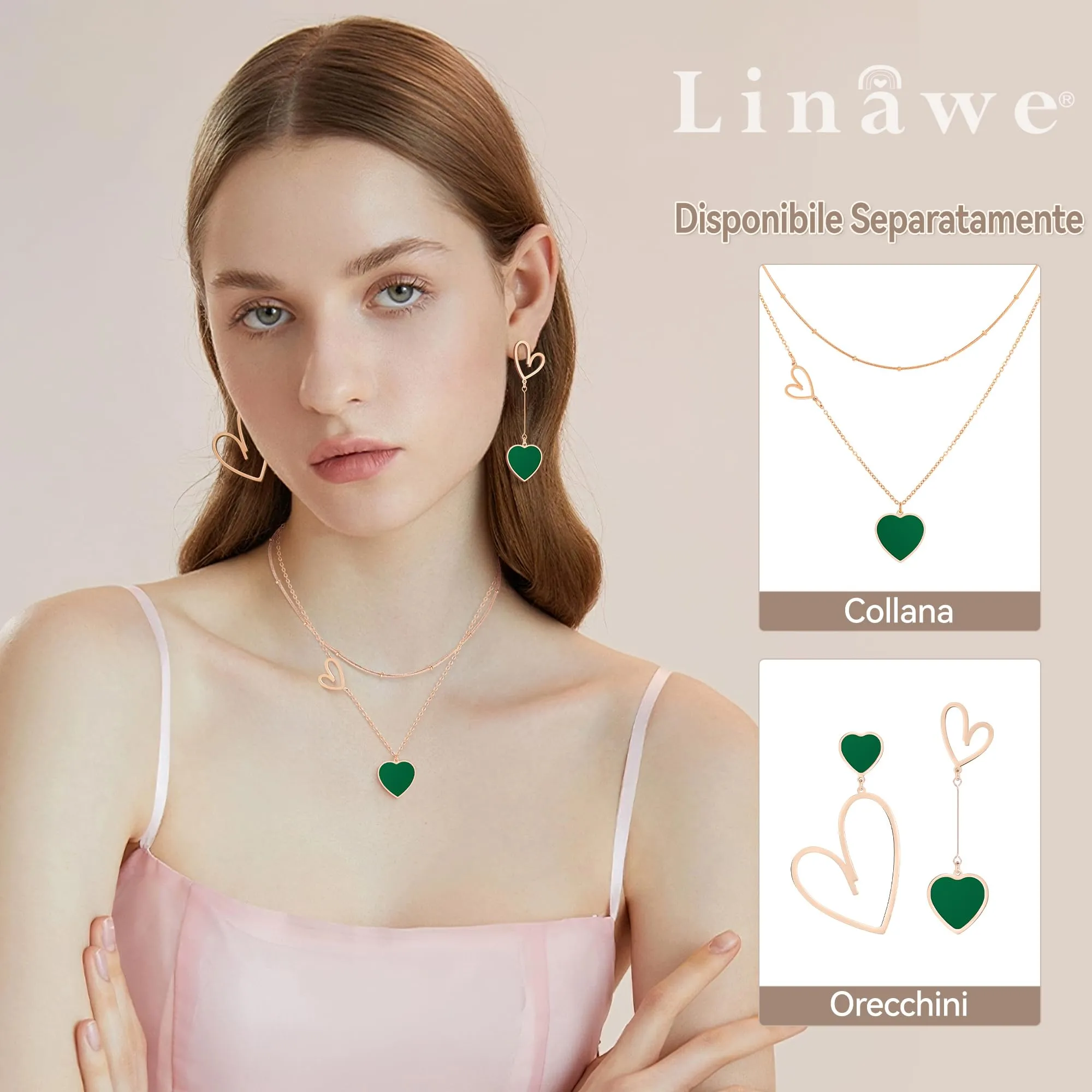 Linawe Orecchini a Cuore Pendenti in Acciaio Inossidabile Oro Rosa e Verde - immagine 3