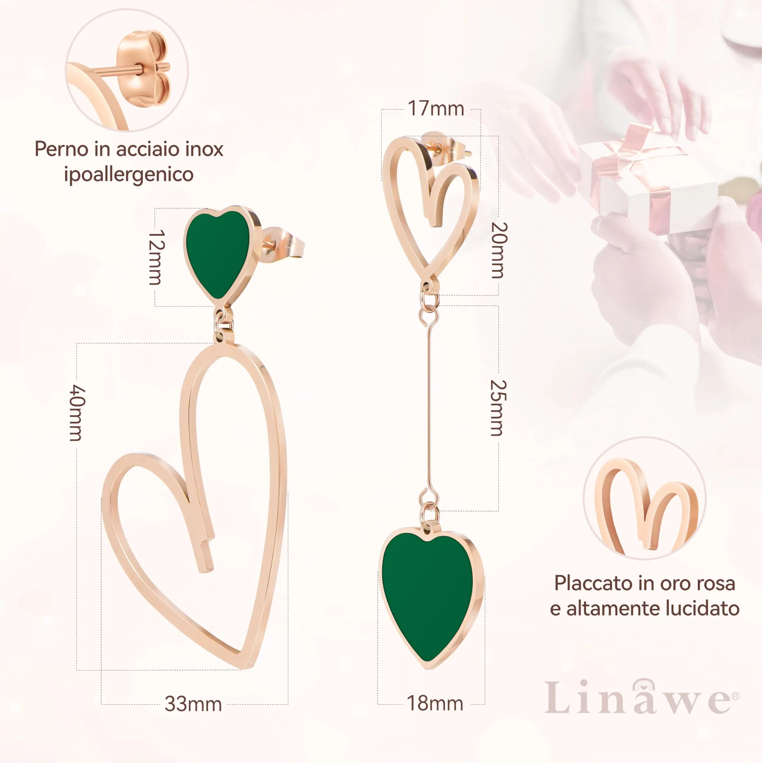 Linawe Orecchini a Cuore Pendenti in Acciaio Inossidabile Oro Rosa e Verde - immagine 5