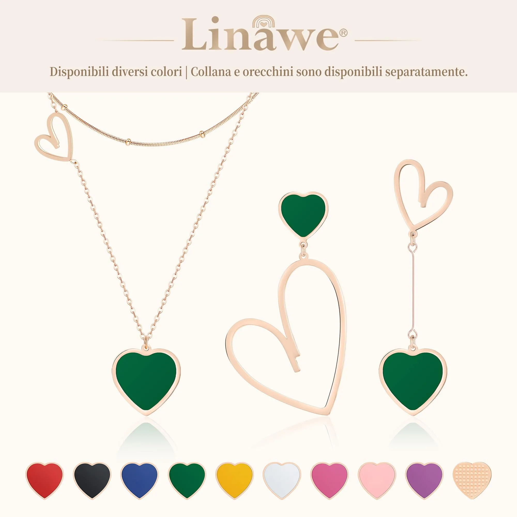 Linawe Orecchini a Cuore Pendenti in Acciaio Inossidabile Oro Rosa e Verde - immagine 6