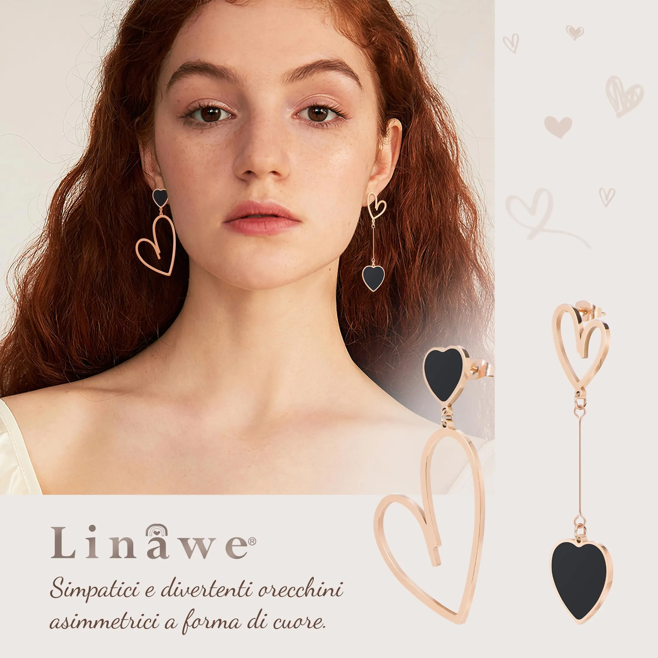 Linawe Orecchini a Cuore Asimmetrici per Donna in Acciaio Inossidabile, Nero e Oro Rosa - immagine 2