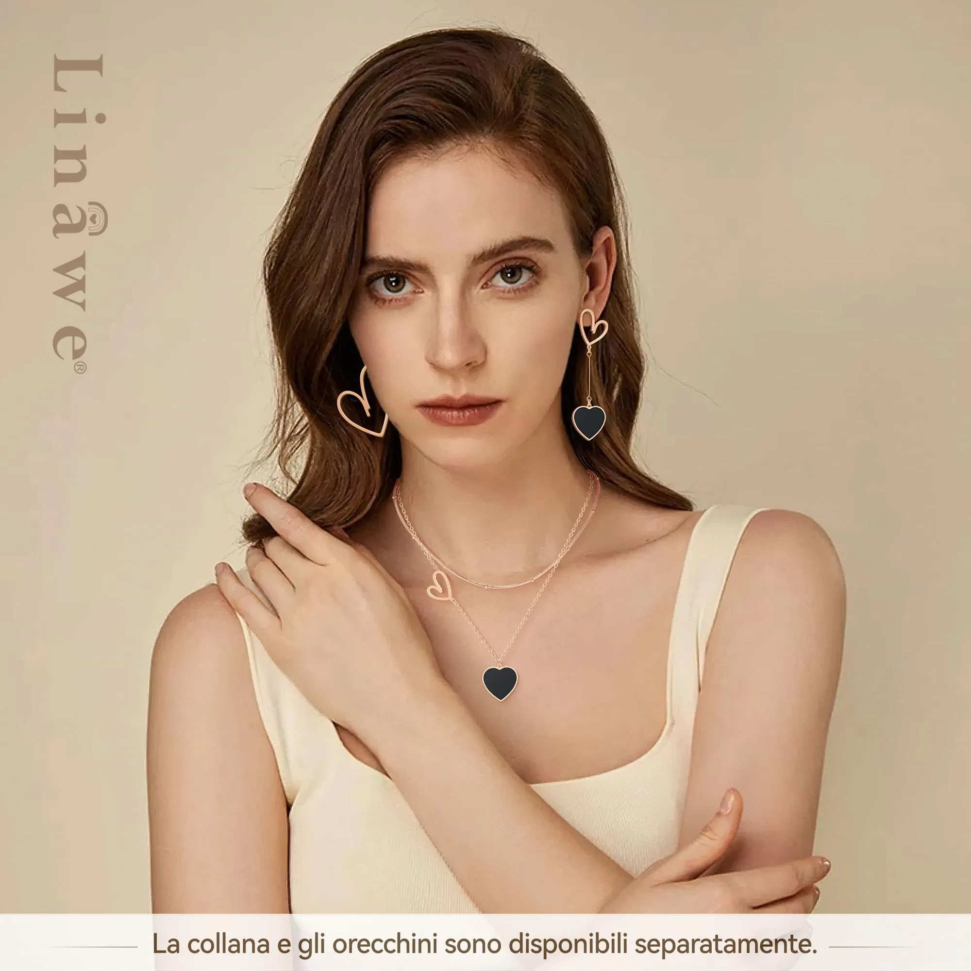 Linawe Orecchini a Cuore Asimmetrici per Donna in Acciaio Inossidabile, Nero e Oro Rosa - immagine 4