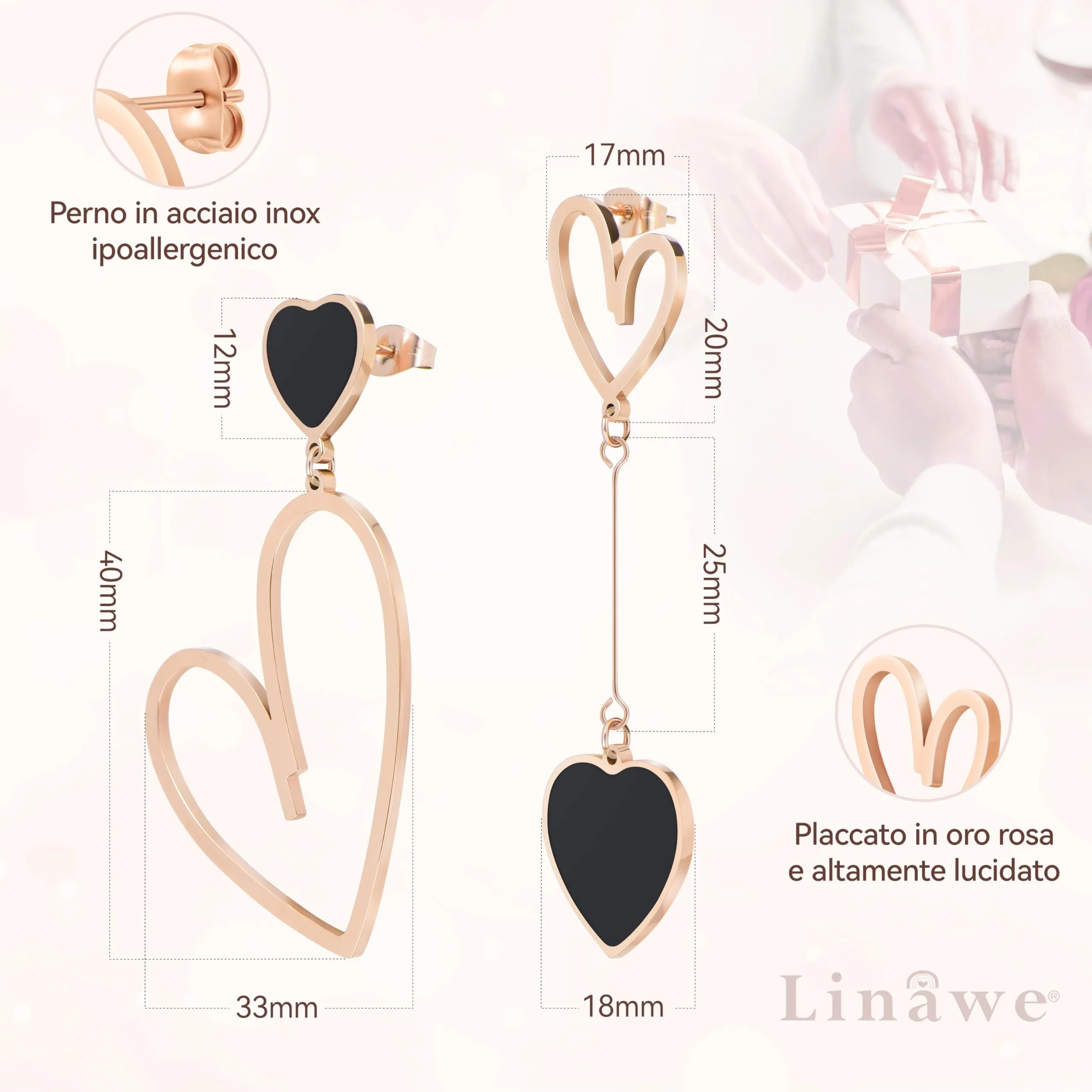 Linawe Orecchini a Cuore Asimmetrici per Donna in Acciaio Inossidabile, Nero e Oro Rosa - immagine 5