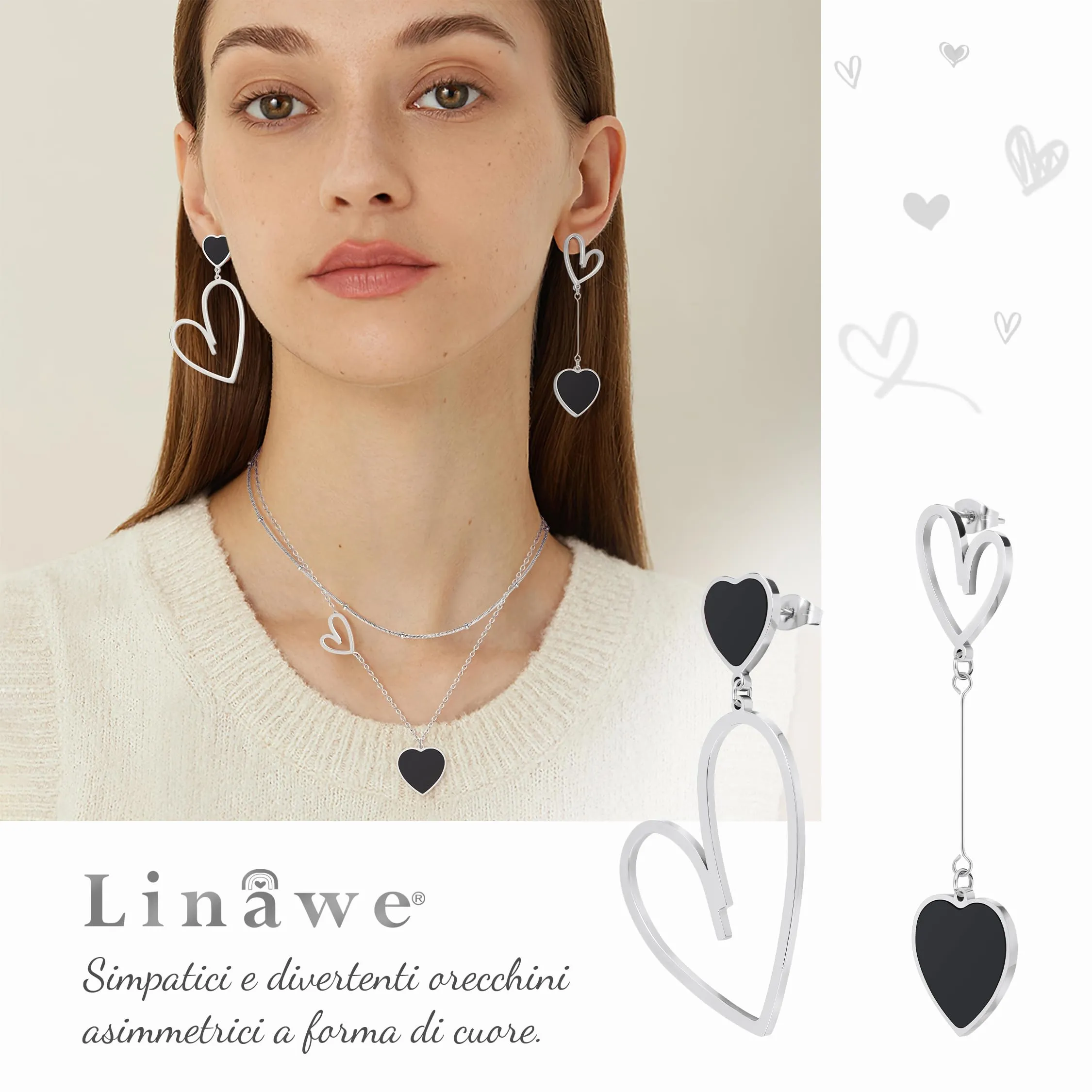 Linawe Orecchini pendenti a forma di cuore da donna in argento e nero - immagine 2