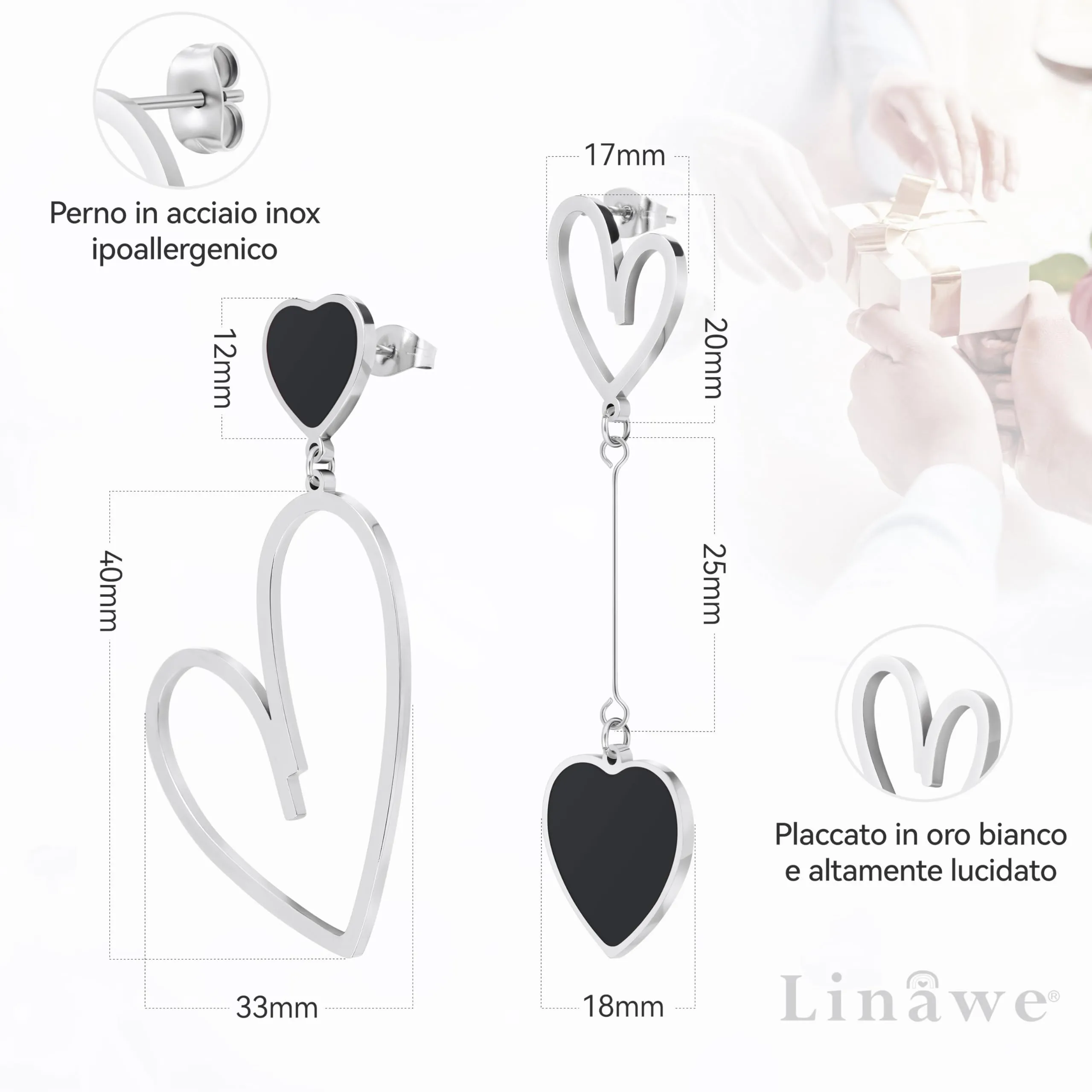 Linawe Orecchini pendenti a forma di cuore da donna in argento e nero - immagine 5