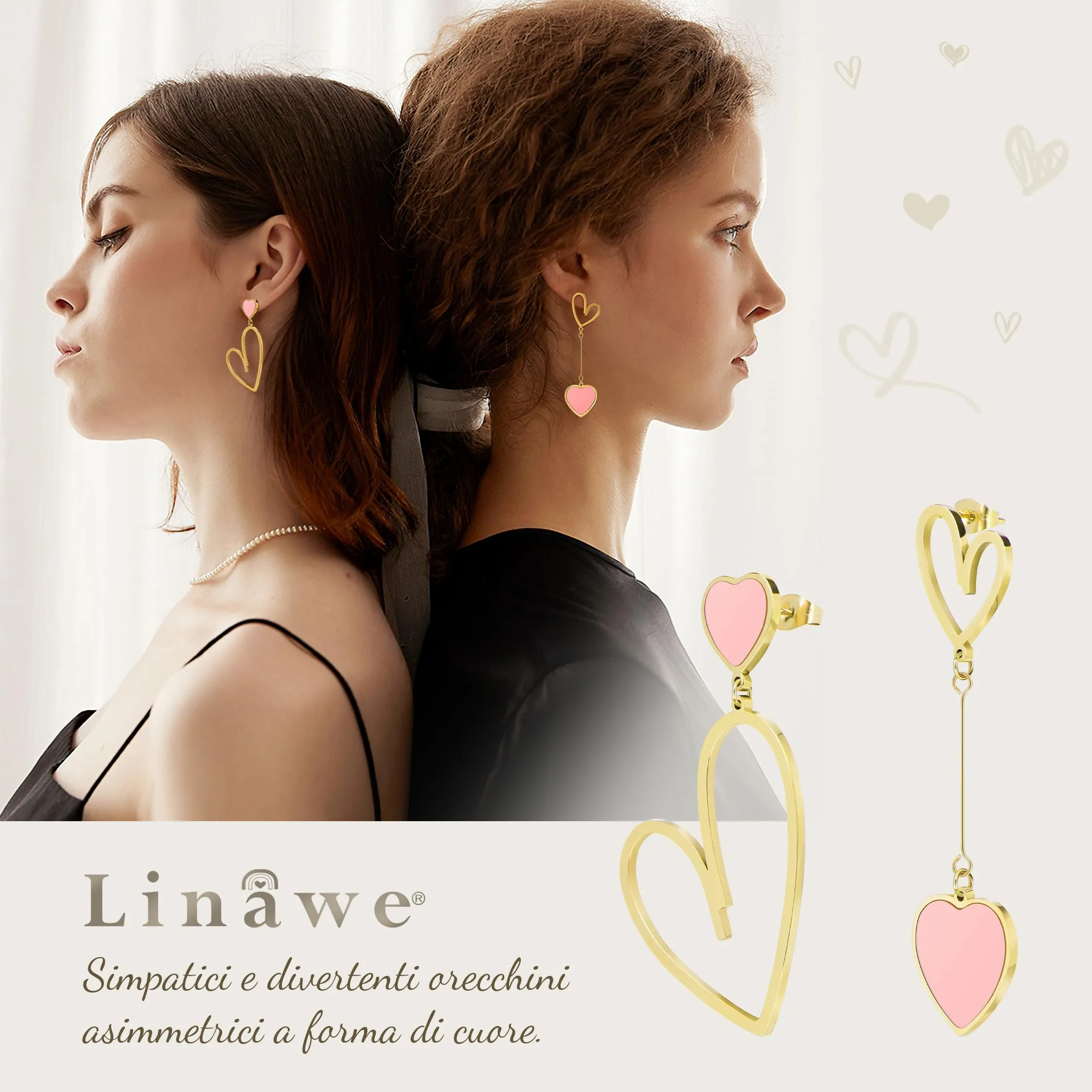 Linawe Orecchini a cuore rosa pendenti in acciaio inossidabile placcati oro 14k da donna - immagine 2