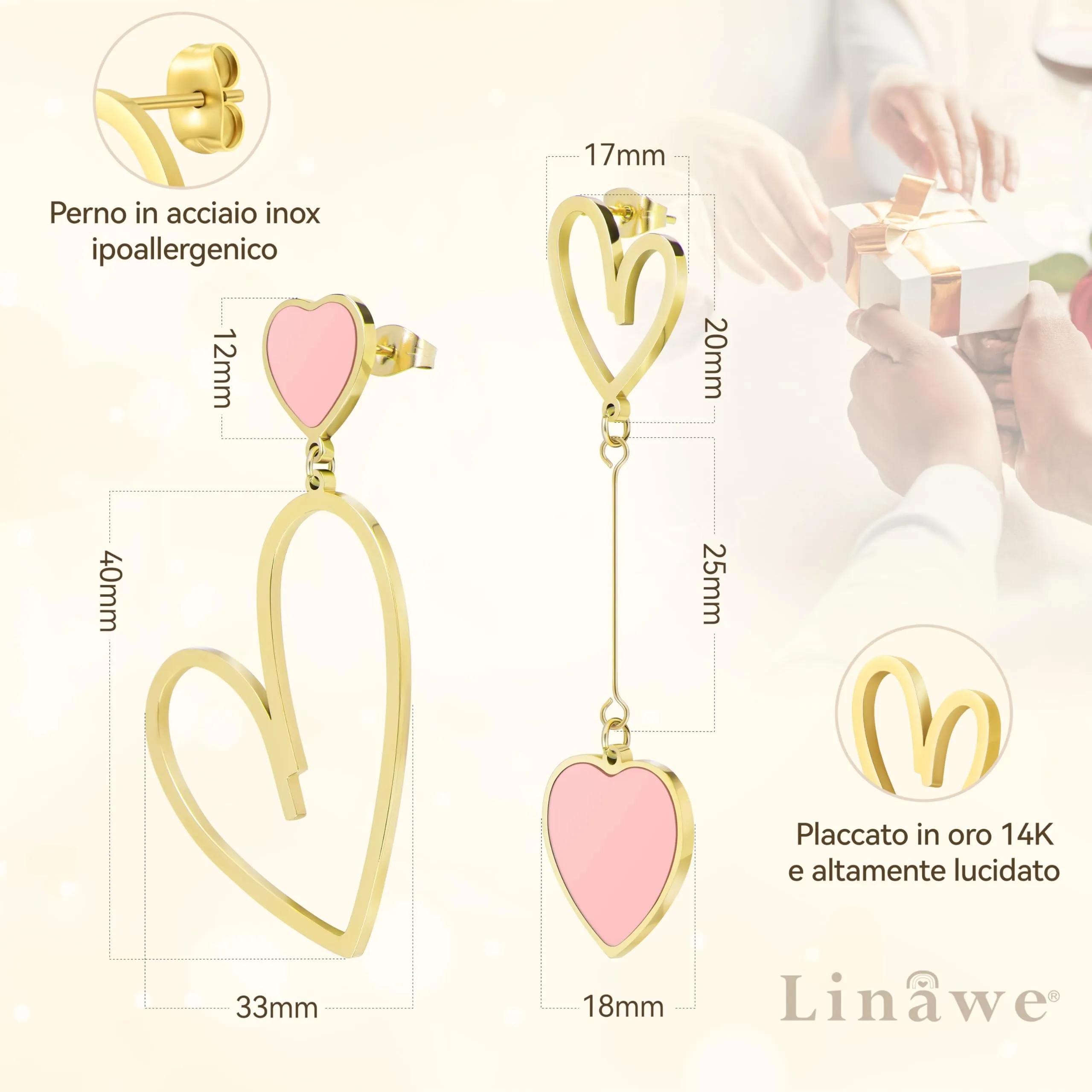 Linawe Orecchini a cuore rosa pendenti in acciaio inossidabile placcati oro 14k da donna - immagine 5