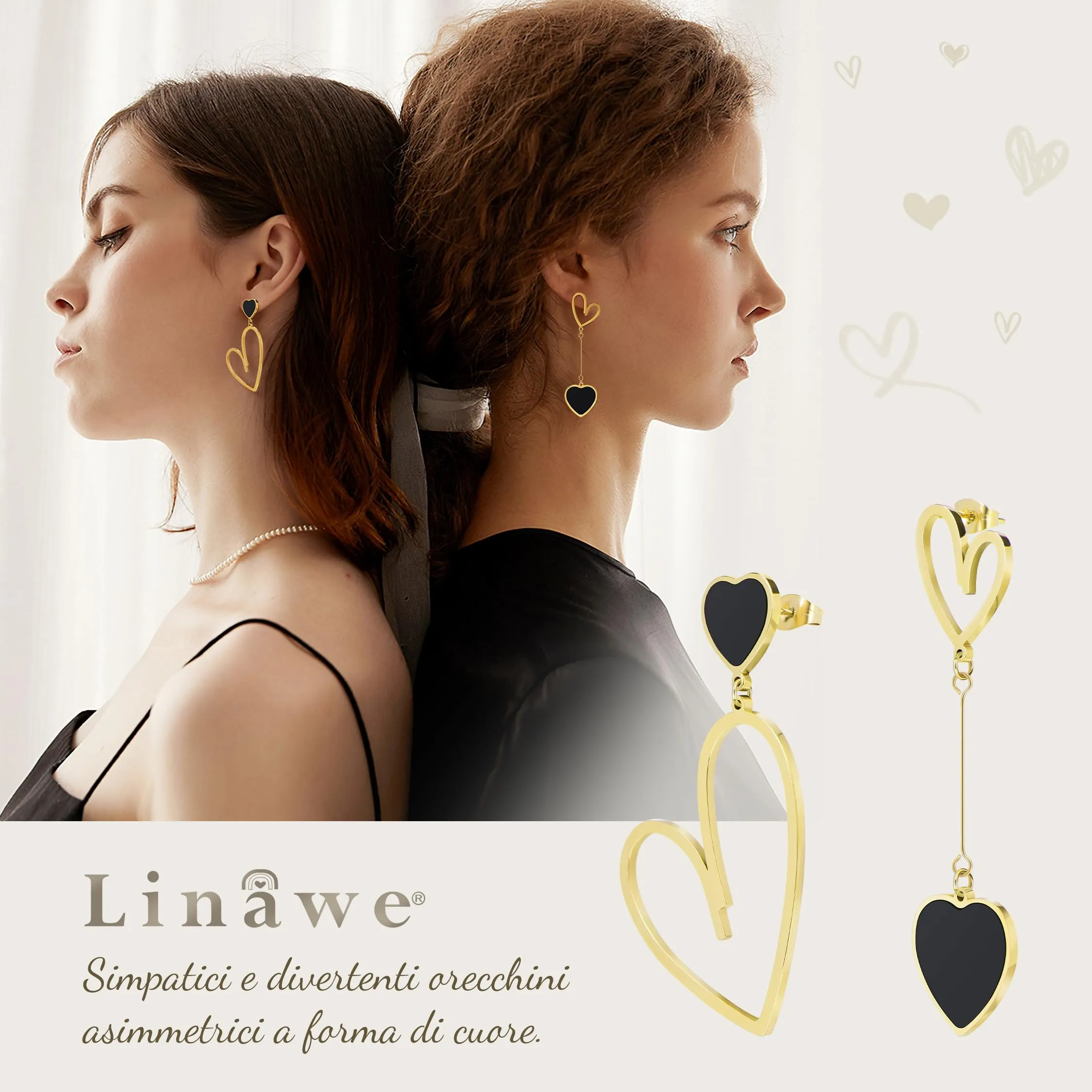 Linawe Orecchini Pendenti a Cuore in Oro e Acciaio Inossidabile, Neri e Oro - immagine 2