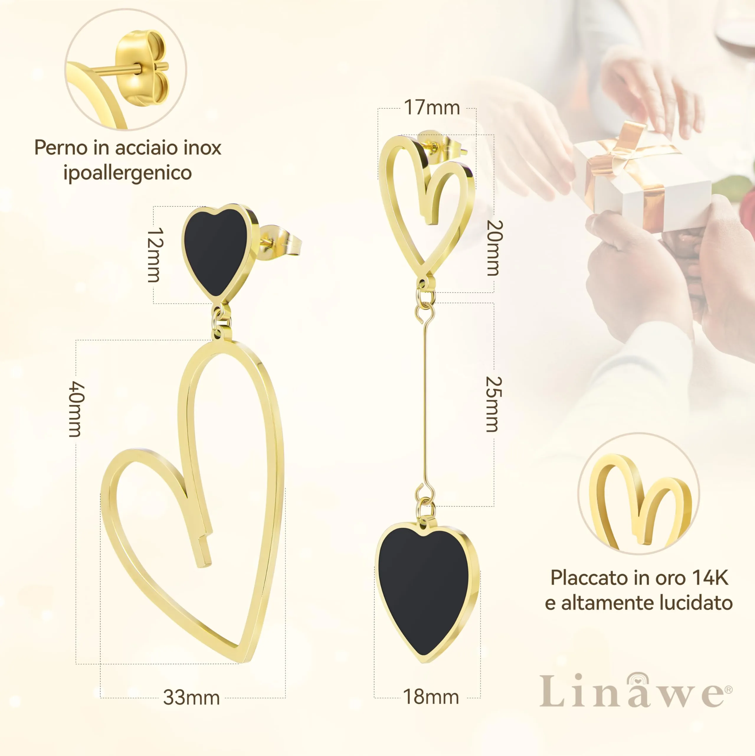 Linawe Orecchini Pendenti a Cuore in Oro e Acciaio Inossidabile, Neri e Oro - immagine 5