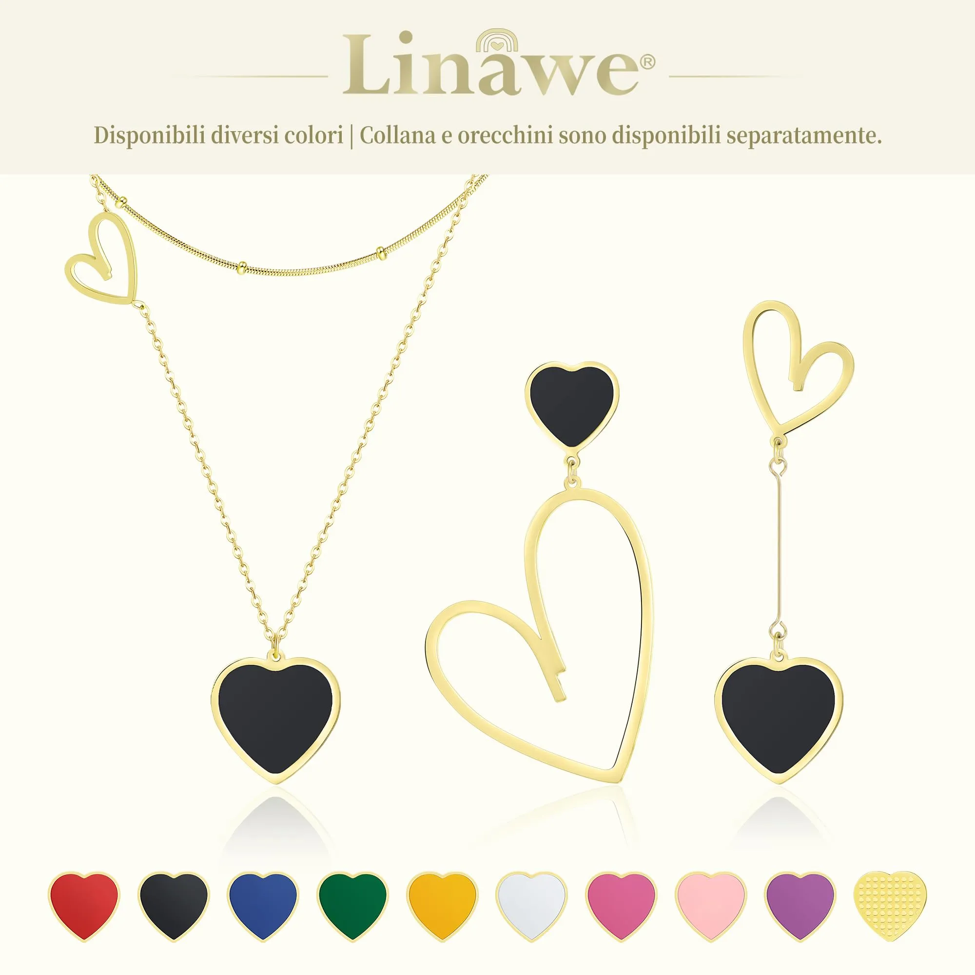 Linawe Orecchini Pendenti a Cuore in Oro e Acciaio Inossidabile, Neri e Oro - immagine 6