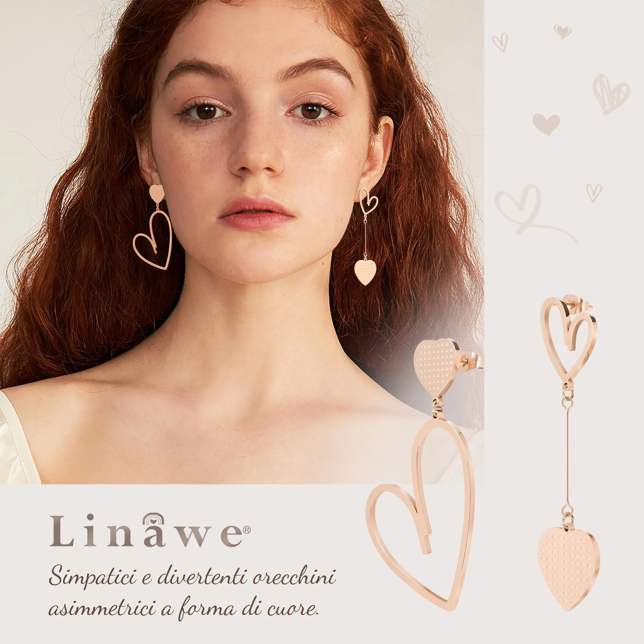 Linawe Orecchini a Cuore in Oro Rosa in Acciaio Inossidabile per Donna - immagine 2