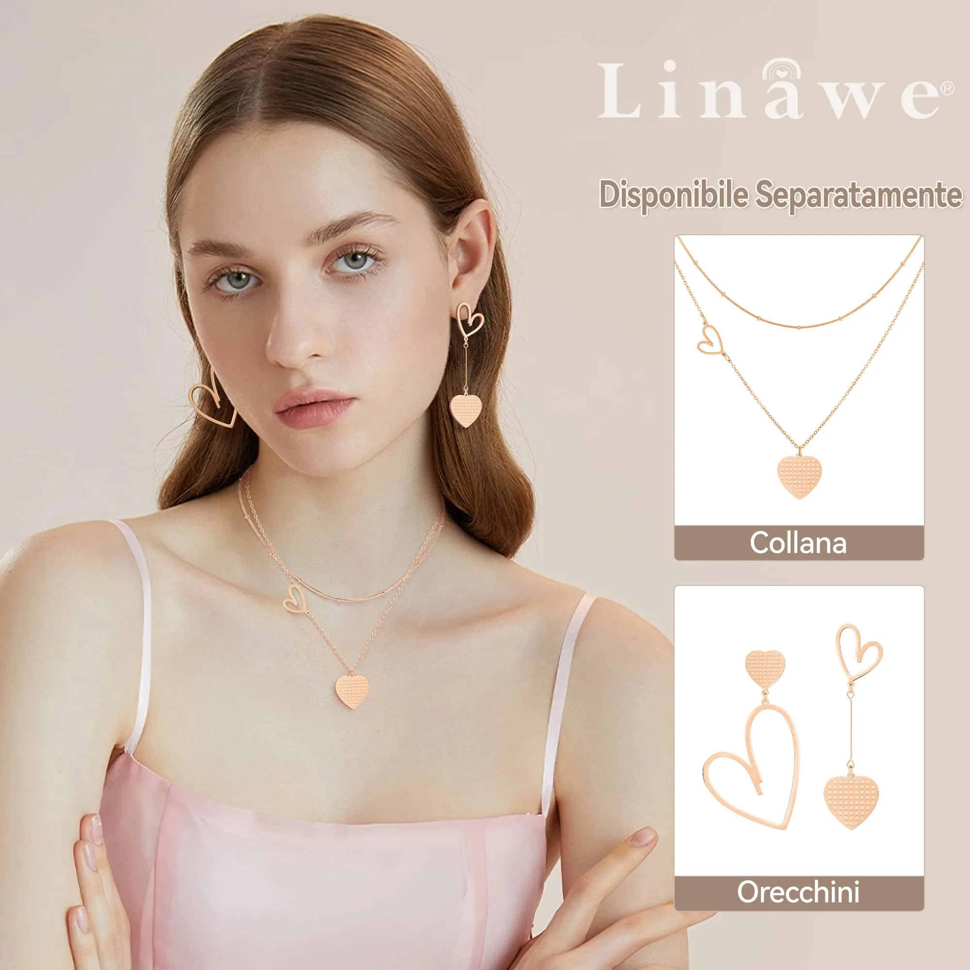 Linawe Orecchini a Cuore in Oro Rosa in Acciaio Inossidabile per Donna - immagine 3
