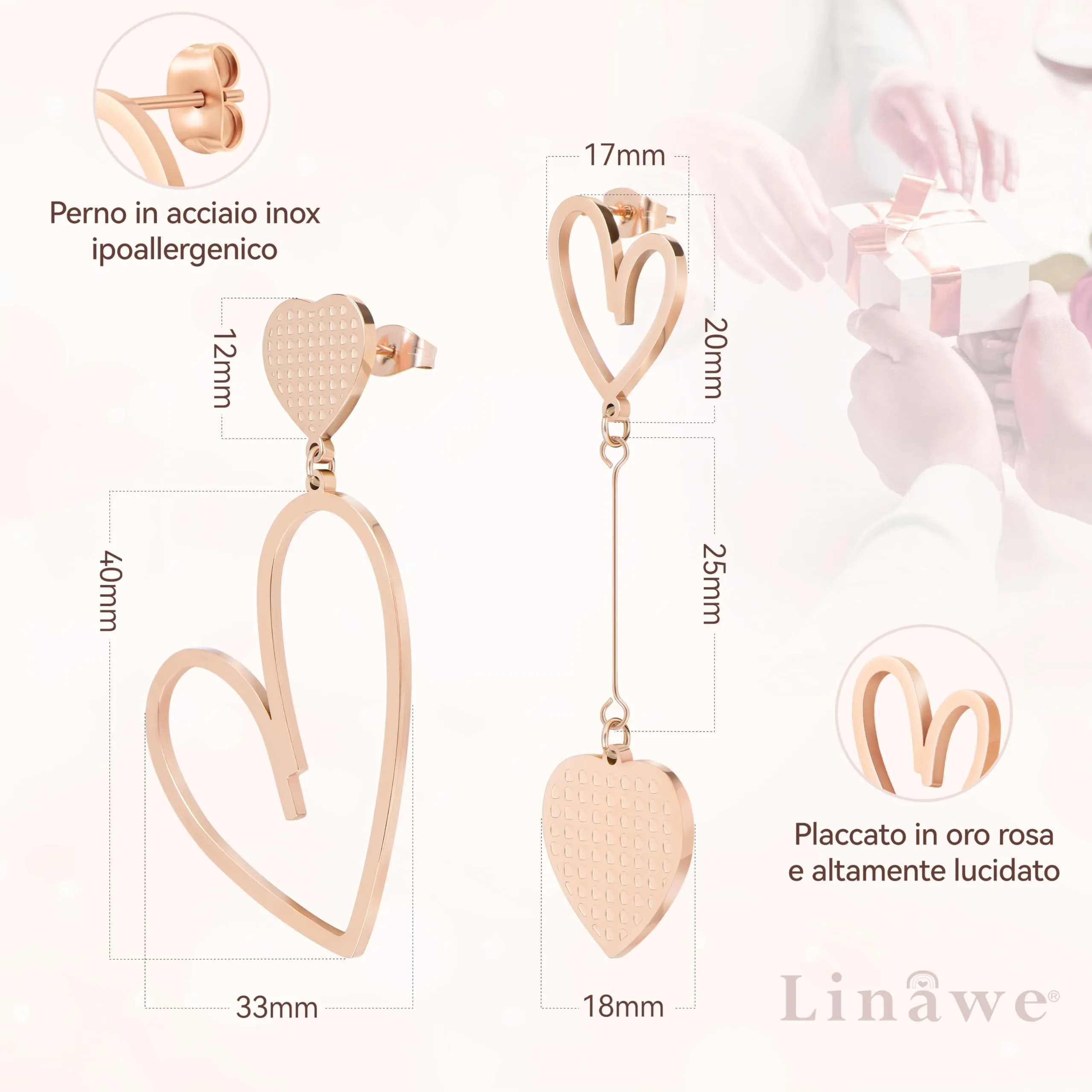 Linawe Orecchini a Cuore in Oro Rosa in Acciaio Inossidabile per Donna - immagine 5