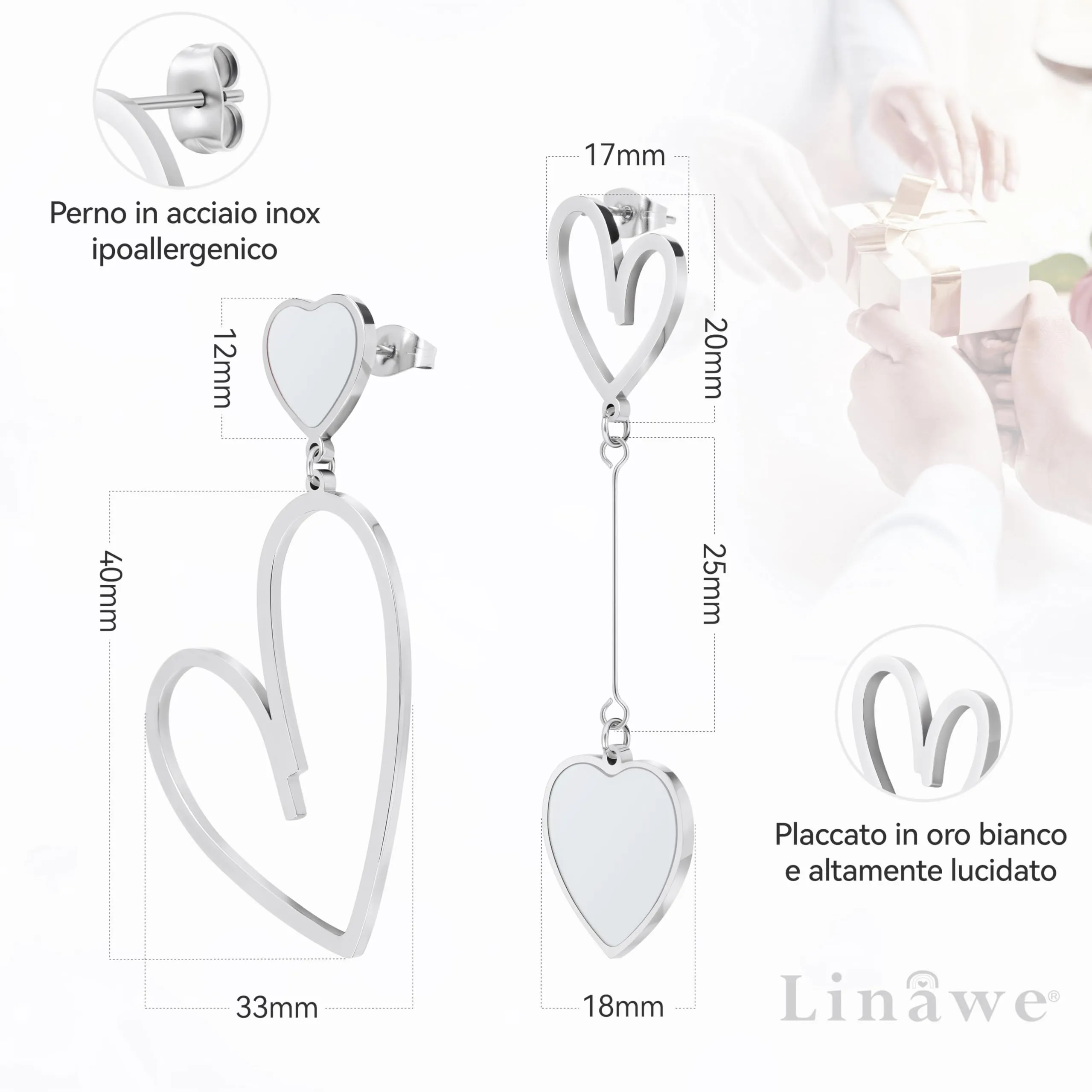 Linawe Orecchini a Cuore Bianchi in Argento e Acciaio Inossidabile per Donna - immagine 5