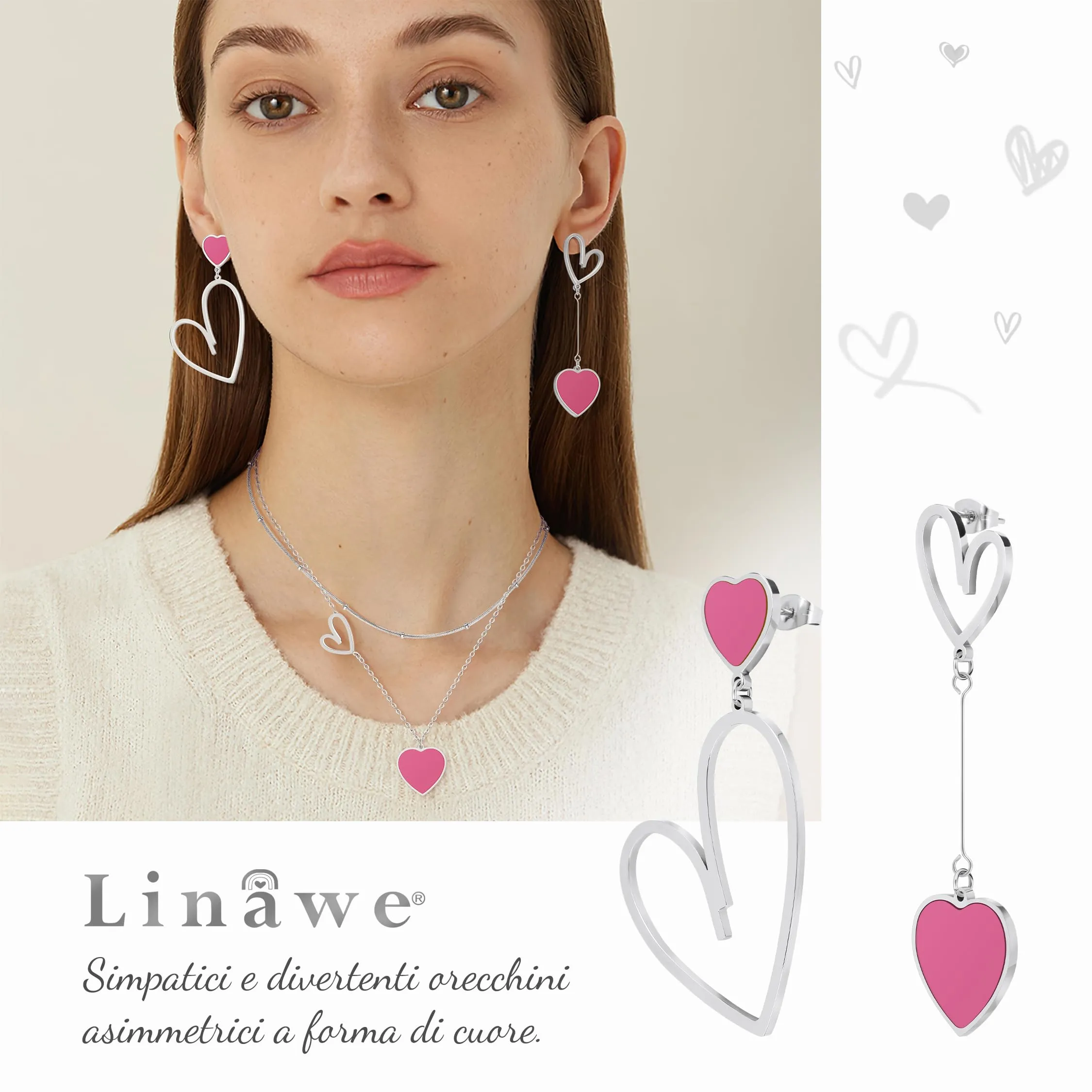 Linawe Orecchini Pendenti a Forma di Cuore Rosa per Donna in Argento - immagine 2