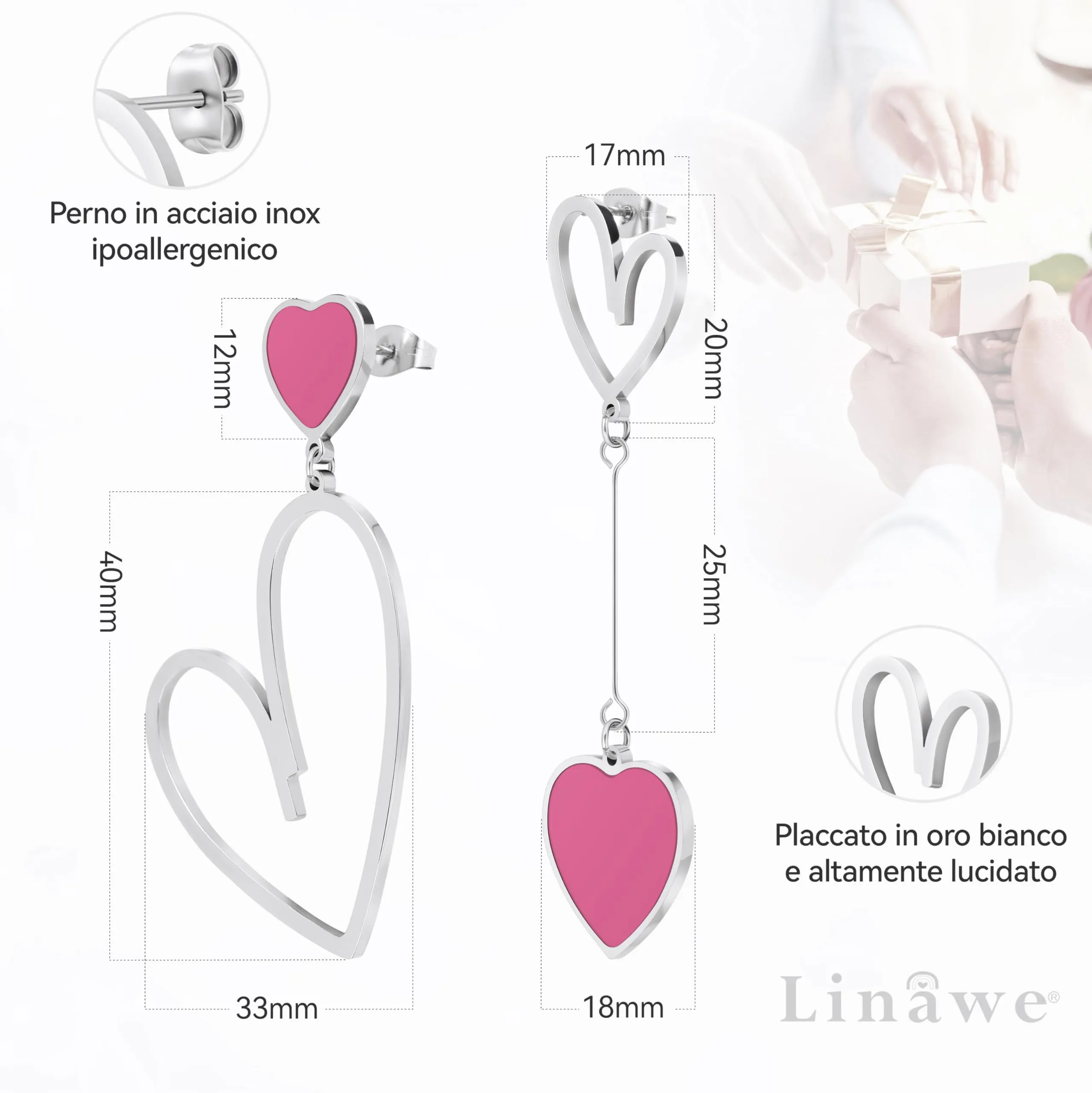 Linawe Orecchini Pendenti a Forma di Cuore Rosa per Donna in Argento - immagine 5