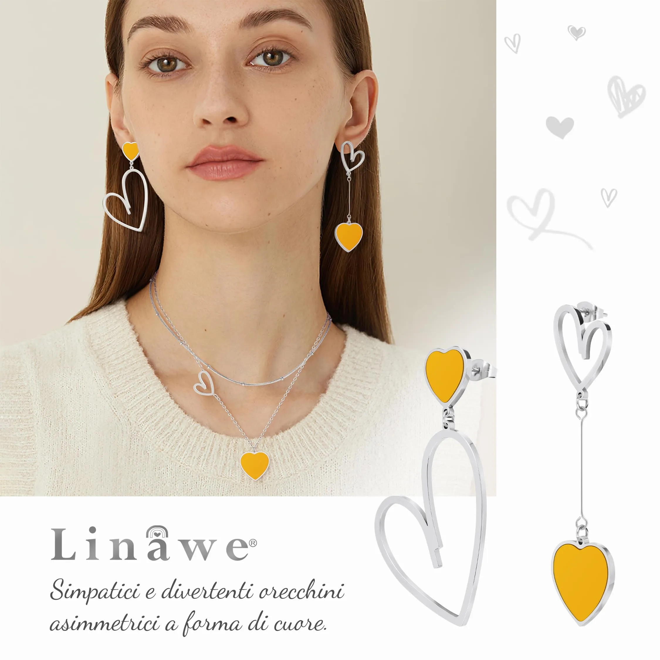 Linawe Orecchini Pendenti a Cuore in Acciaio Inossidabile, Argento e Giallo - immagine 2