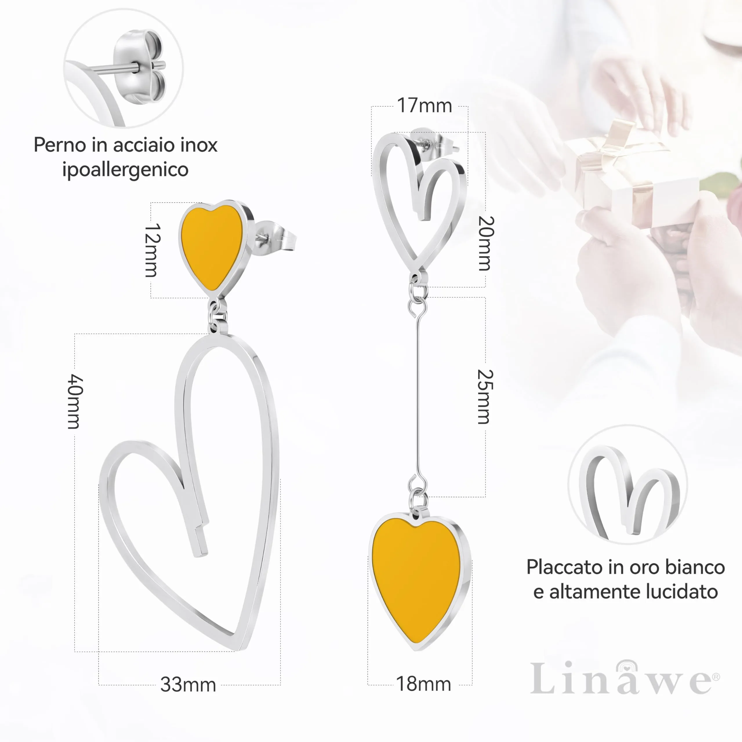 Linawe Orecchini Pendenti a Cuore in Acciaio Inossidabile, Argento e Giallo - immagine 5