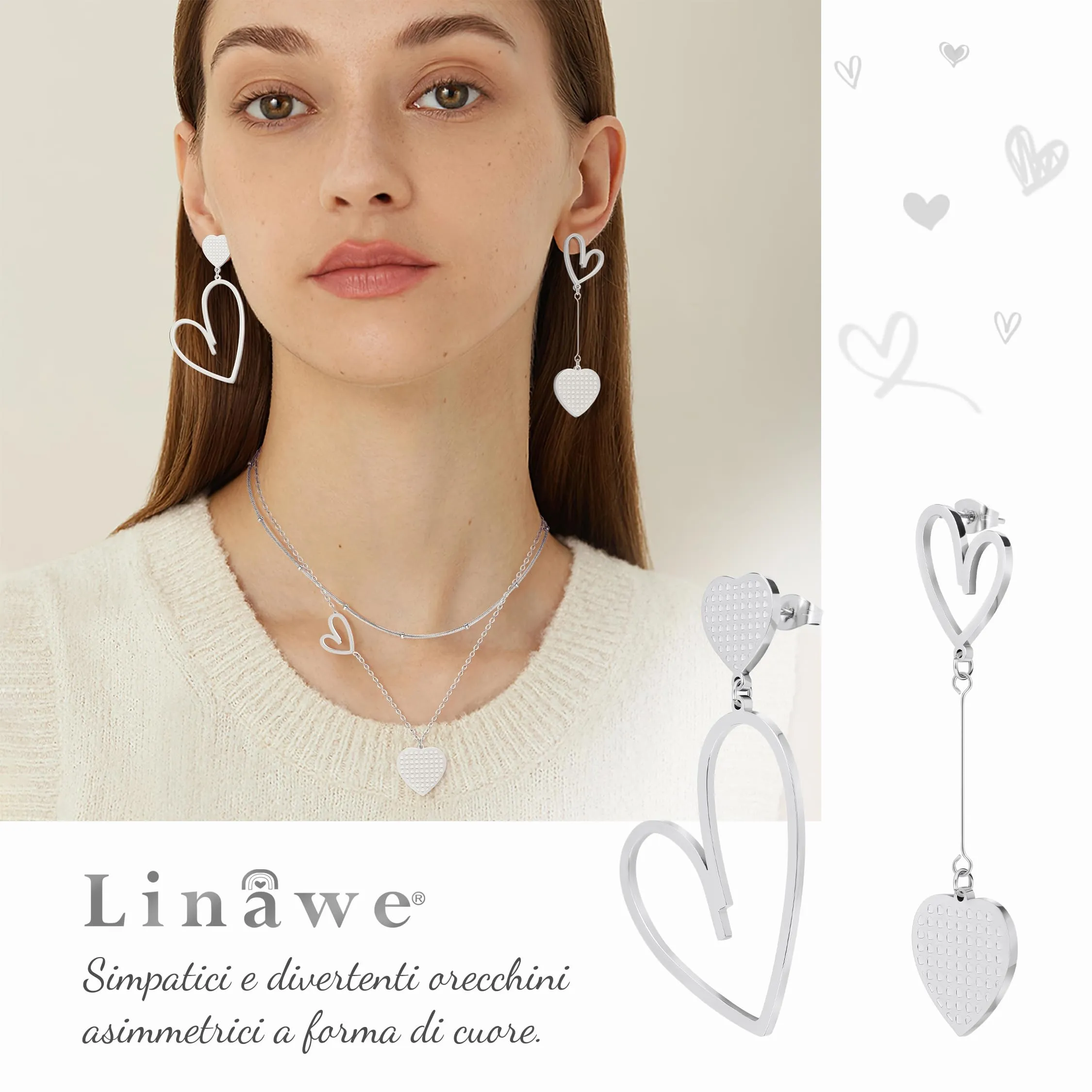 Linawe Orecchini a Forma di Cuore in Argento e Acciaio Inossidabile per Donna - immagine 2