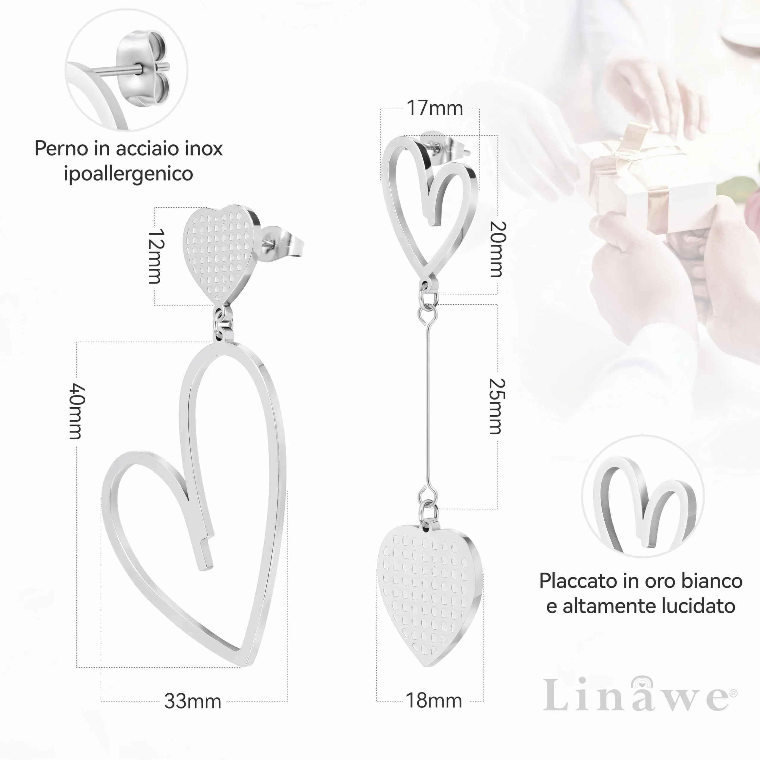 Linawe Orecchini a Forma di Cuore in Argento e Acciaio Inossidabile per Donna - immagine 5