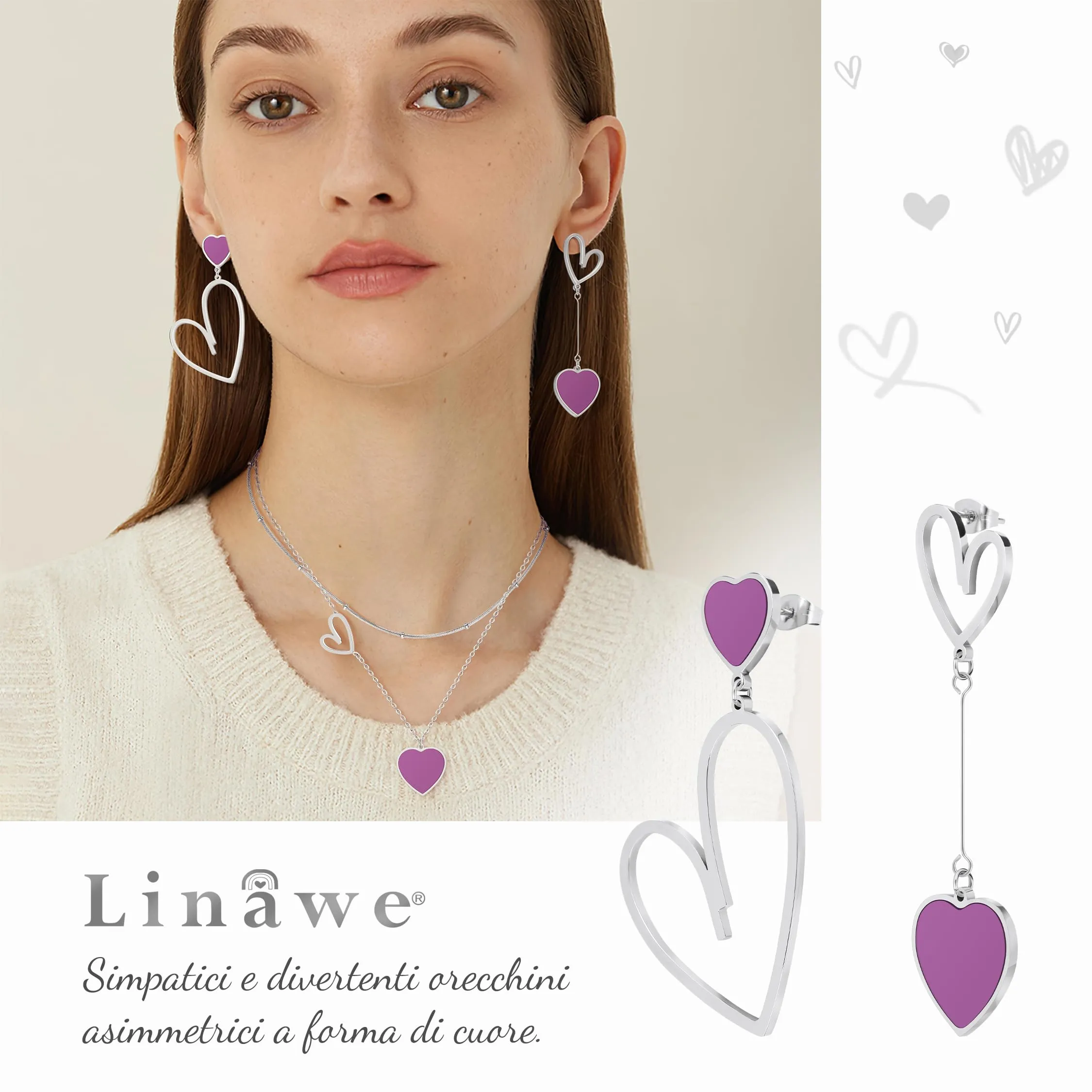 Linawe Orecchini a Cuore Pendenti in Acciaio Inossidabile, Viola - immagine 2