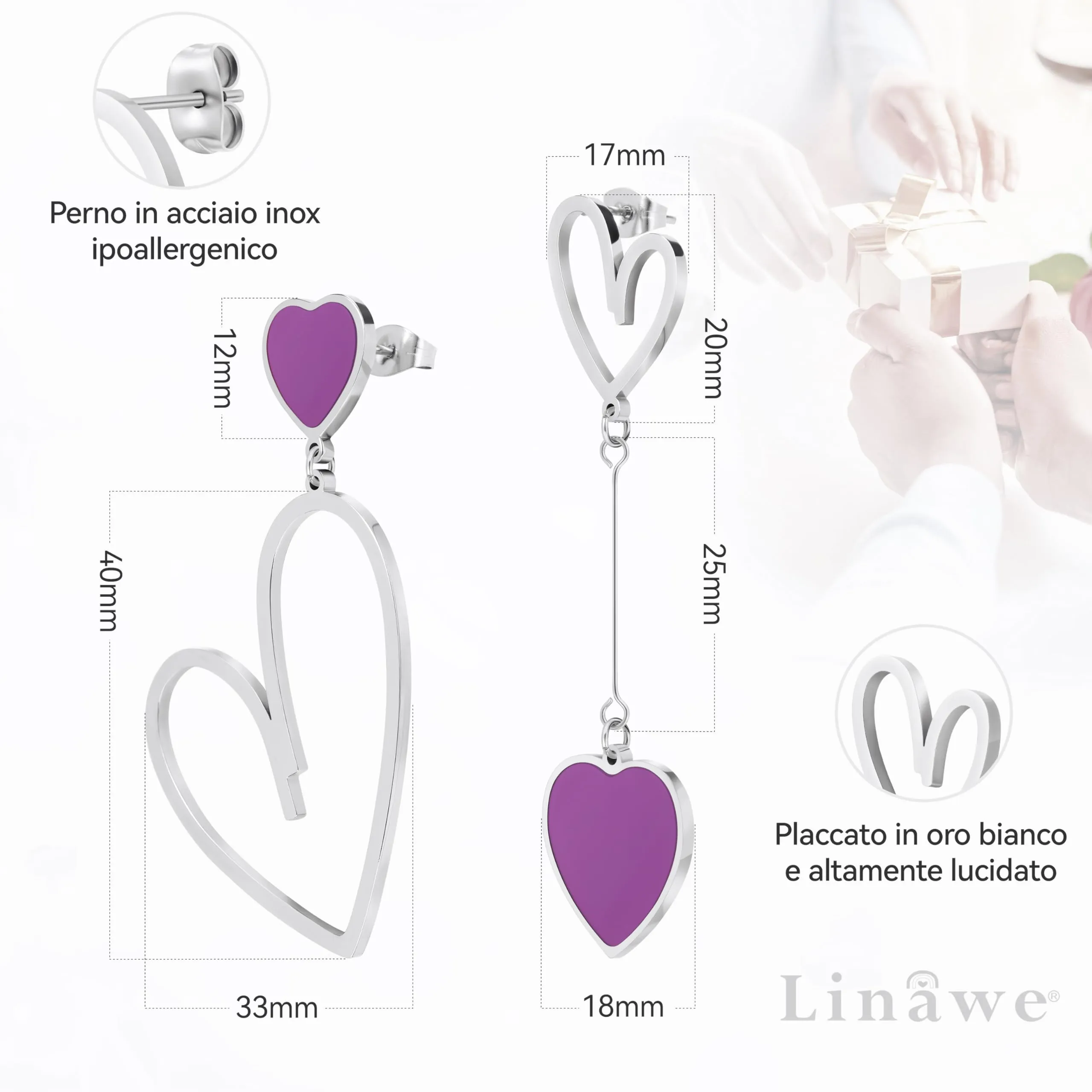 Linawe Orecchini a Cuore Pendenti in Acciaio Inossidabile, Viola - immagine 5