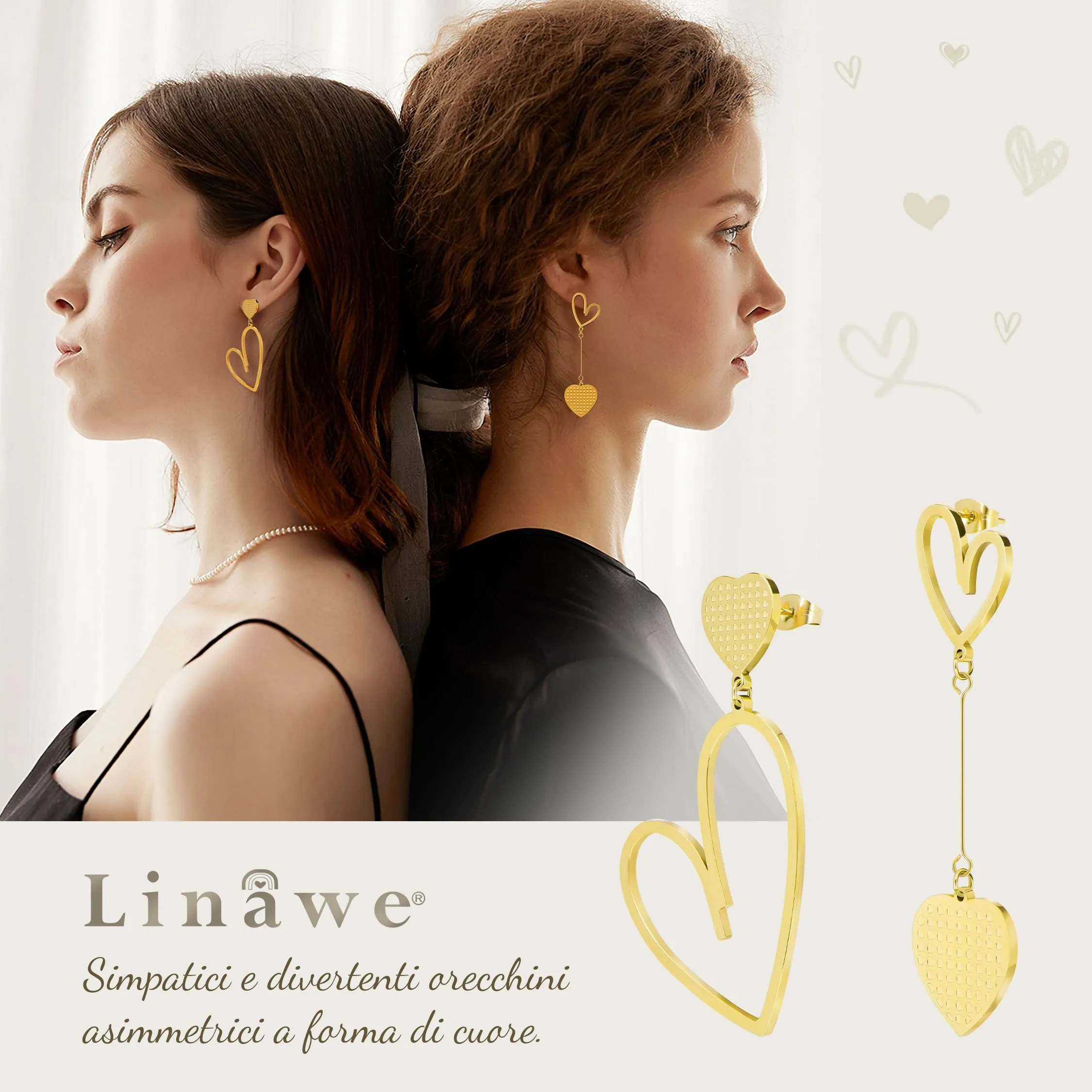 Linawe Orecchini pendenti a cuore in acciaio inossidabile placcati oro 14k da donna - immagine 2
