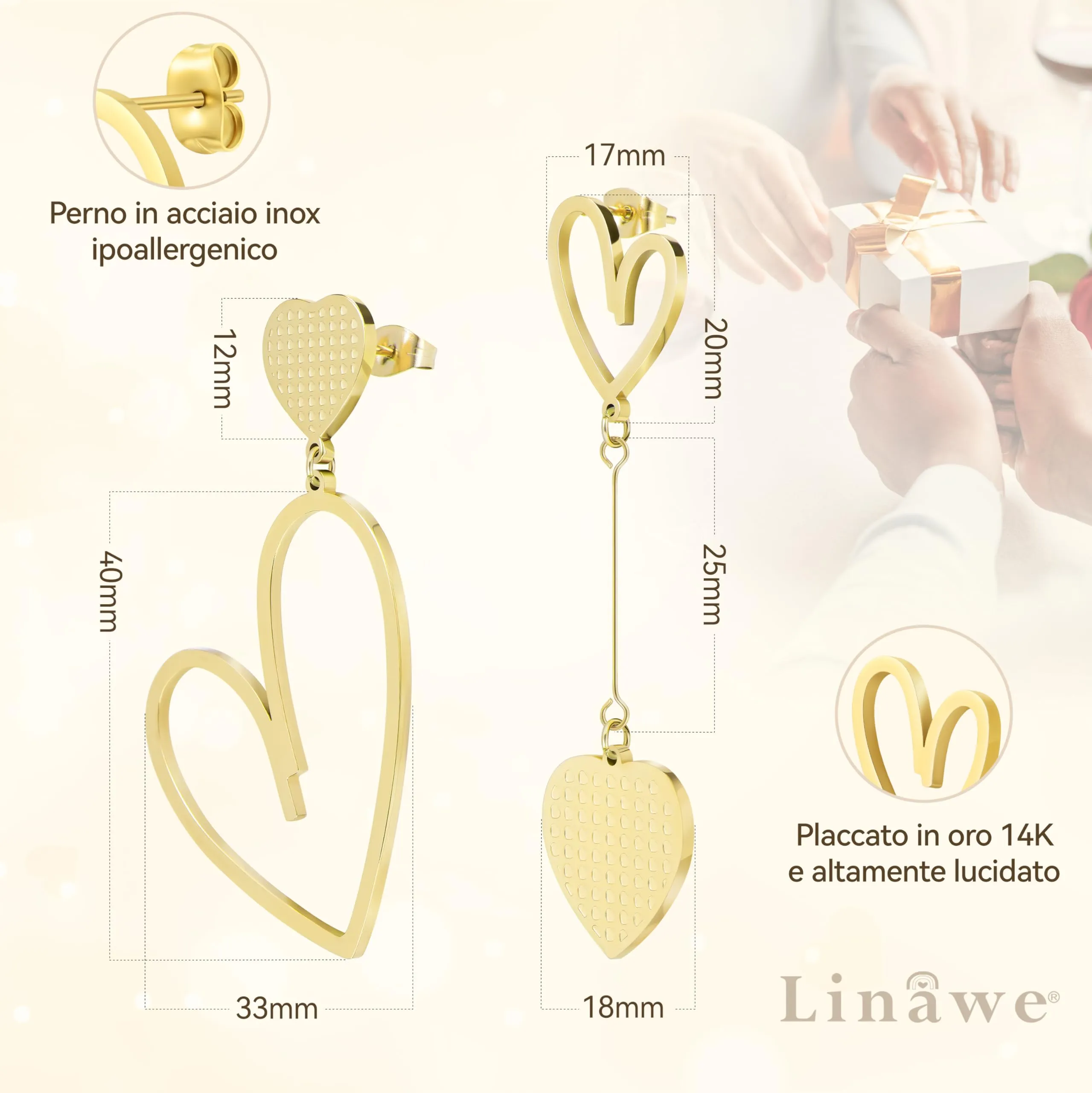 Linawe Orecchini pendenti a cuore in acciaio inossidabile placcati oro 14k da donna - immagine 5