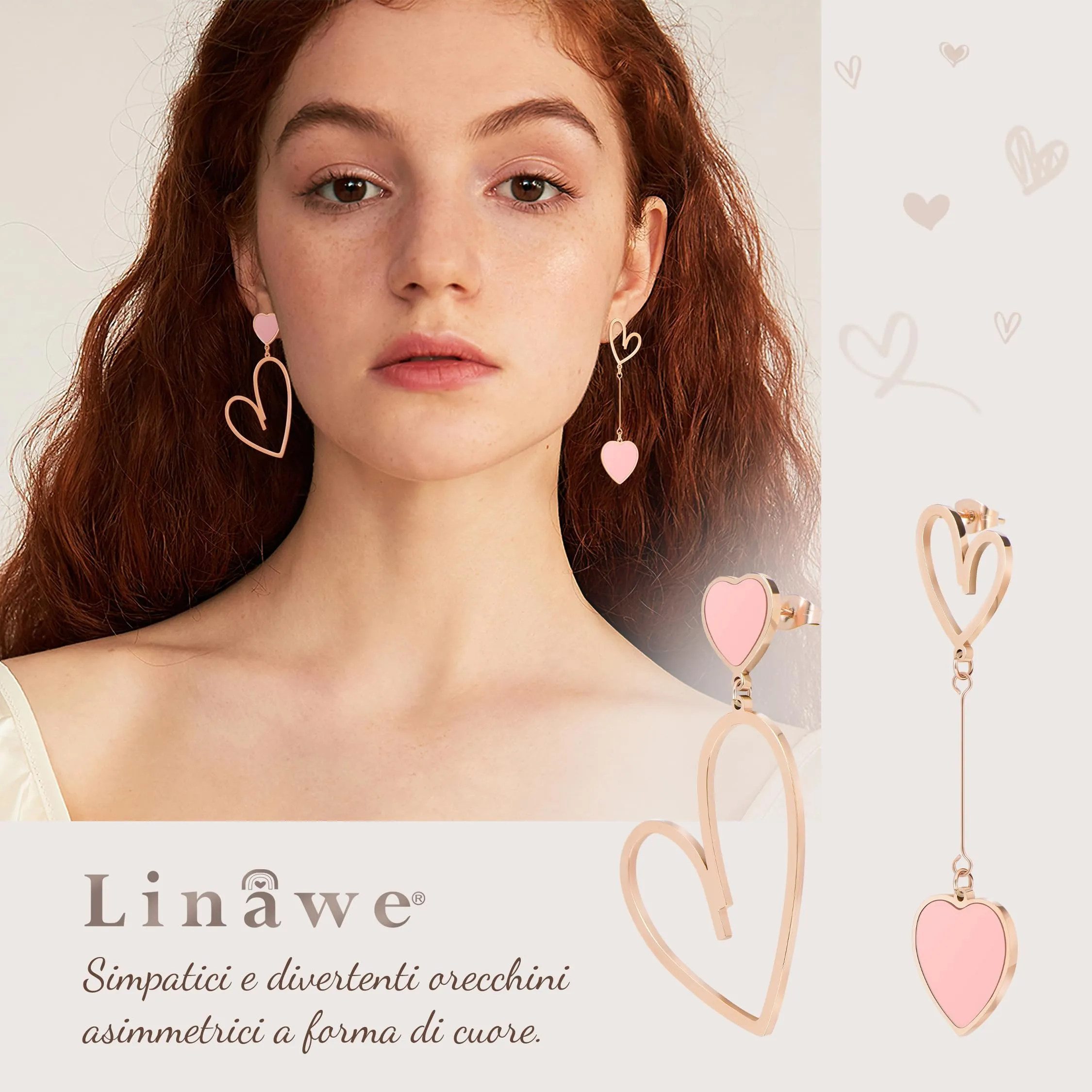 Linawe Orecchini a cuore asimmetrici in titanio e acciaio inossidabile placcati oro rosa - immagine 2