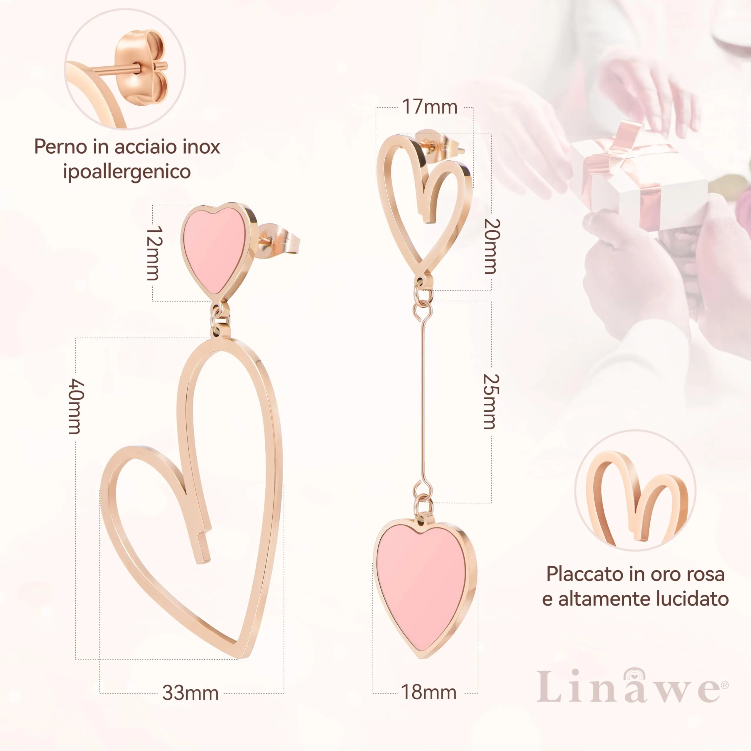 Linawe Orecchini a cuore asimmetrici in titanio e acciaio inossidabile placcati oro rosa - immagine 5