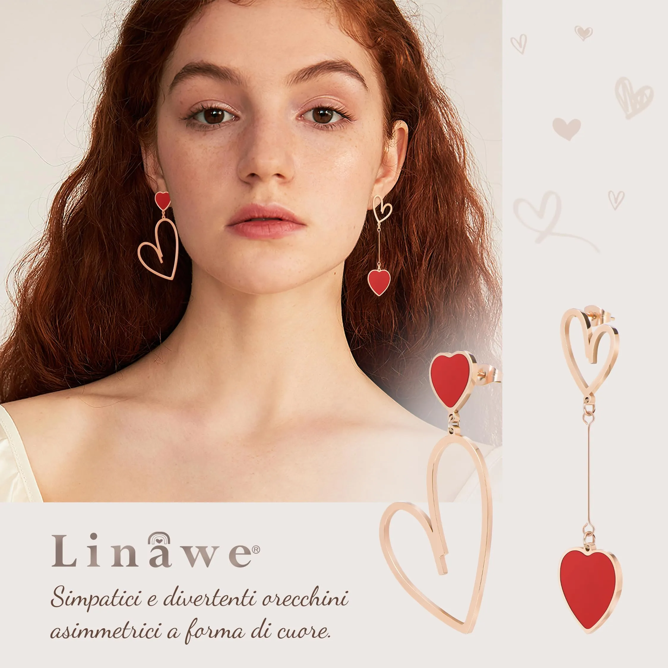Linawe Orecchini Pendenti a Cuore Rosso in Acciaio Inossidabile Placcato Oro Rosa da Donna - immagine 2