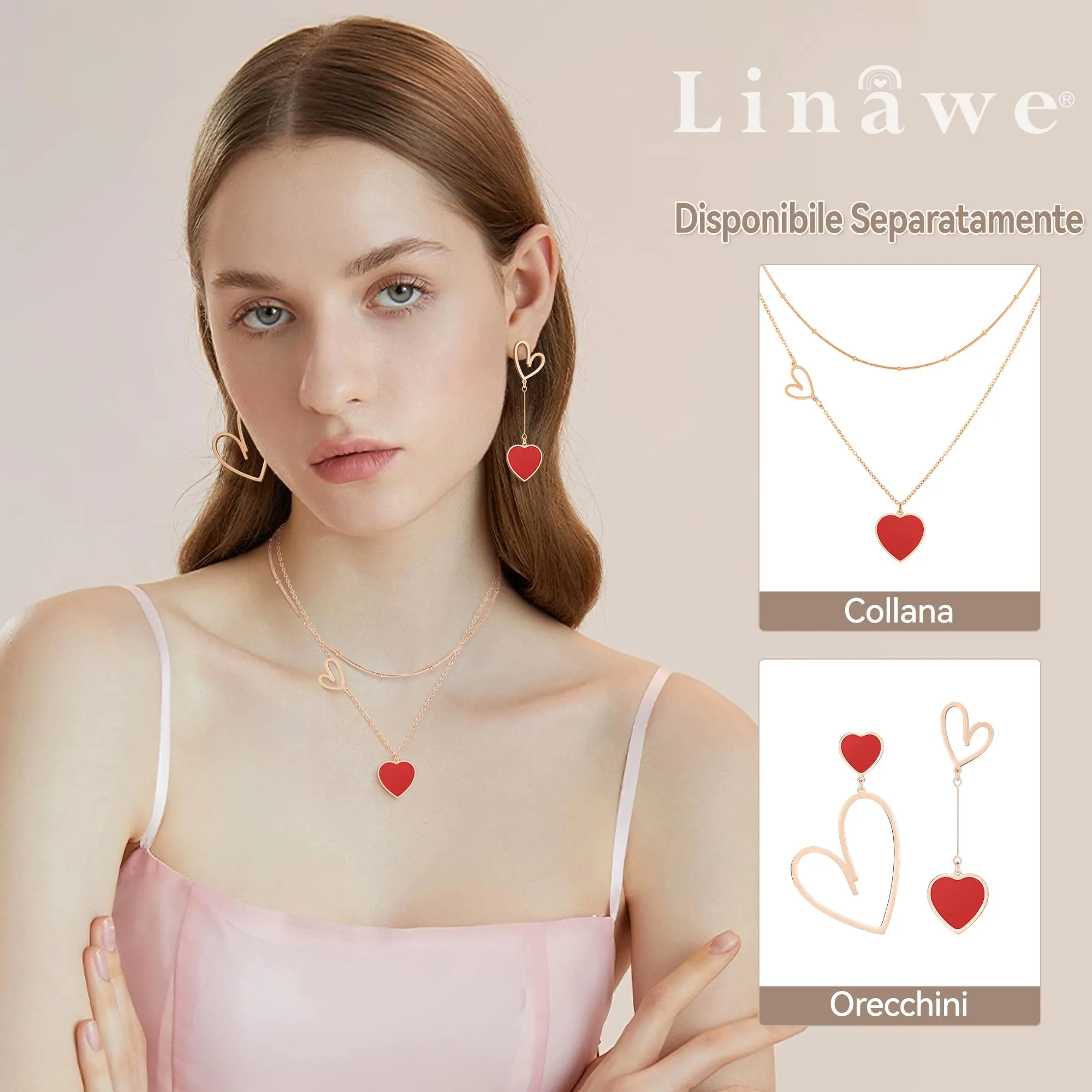 Linawe Orecchini Pendenti a Cuore Rosso in Acciaio Inossidabile Placcato Oro Rosa da Donna - immagine 3