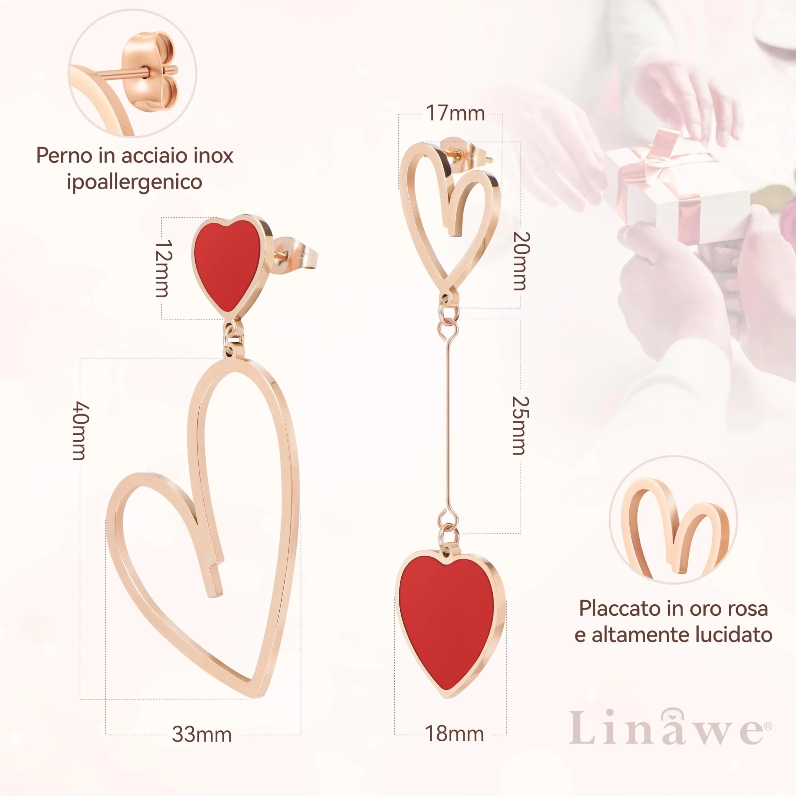 Linawe Orecchini Pendenti a Cuore Rosso in Acciaio Inossidabile Placcato Oro Rosa da Donna - immagine 5