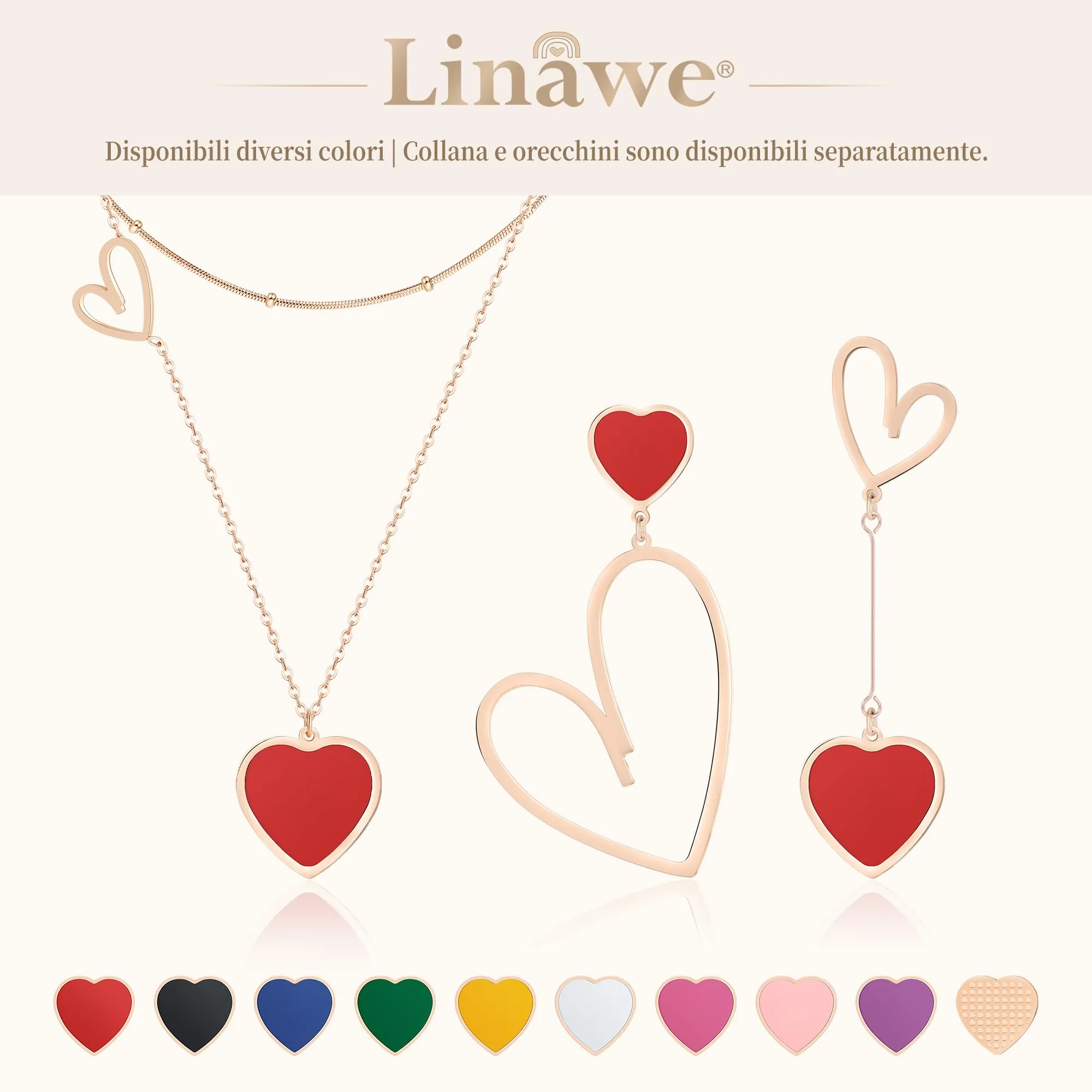 Linawe Orecchini Pendenti a Cuore Rosso in Acciaio Inossidabile Placcato Oro Rosa da Donna - immagine 6