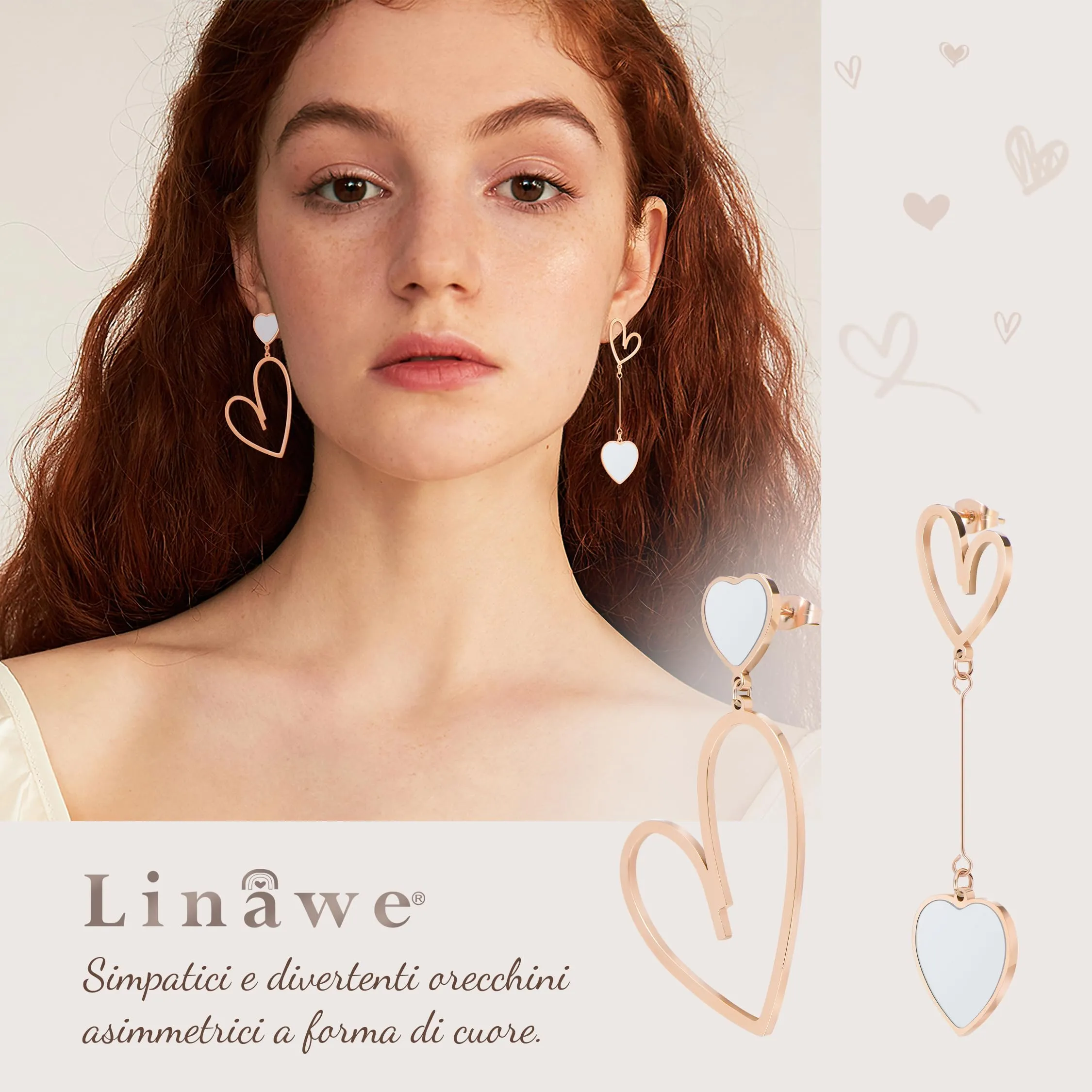 Linawe Orecchini pendenti a cuore bianchi in acciaio inossidabile oro rosa - immagine 2