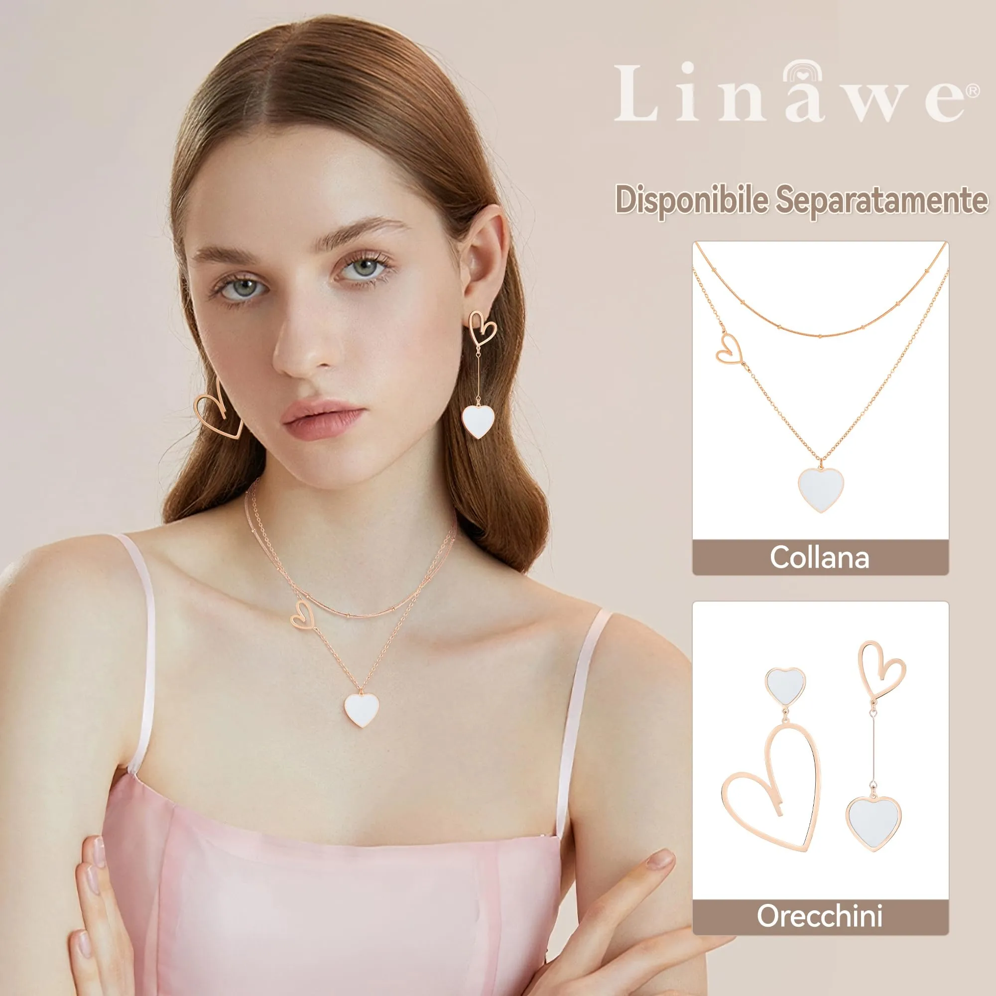 Linawe Orecchini pendenti a cuore bianchi in acciaio inossidabile oro rosa - immagine 3